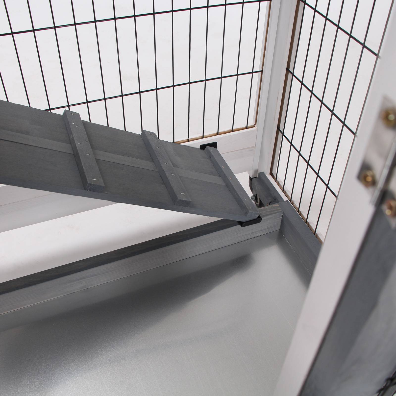 Clapier en bois à roulettes pour lapin d'intérieur, cage à deux étages avec rampe et deux plateaux amovibles, 110 x 50 x 88 cm, gris - Image 10