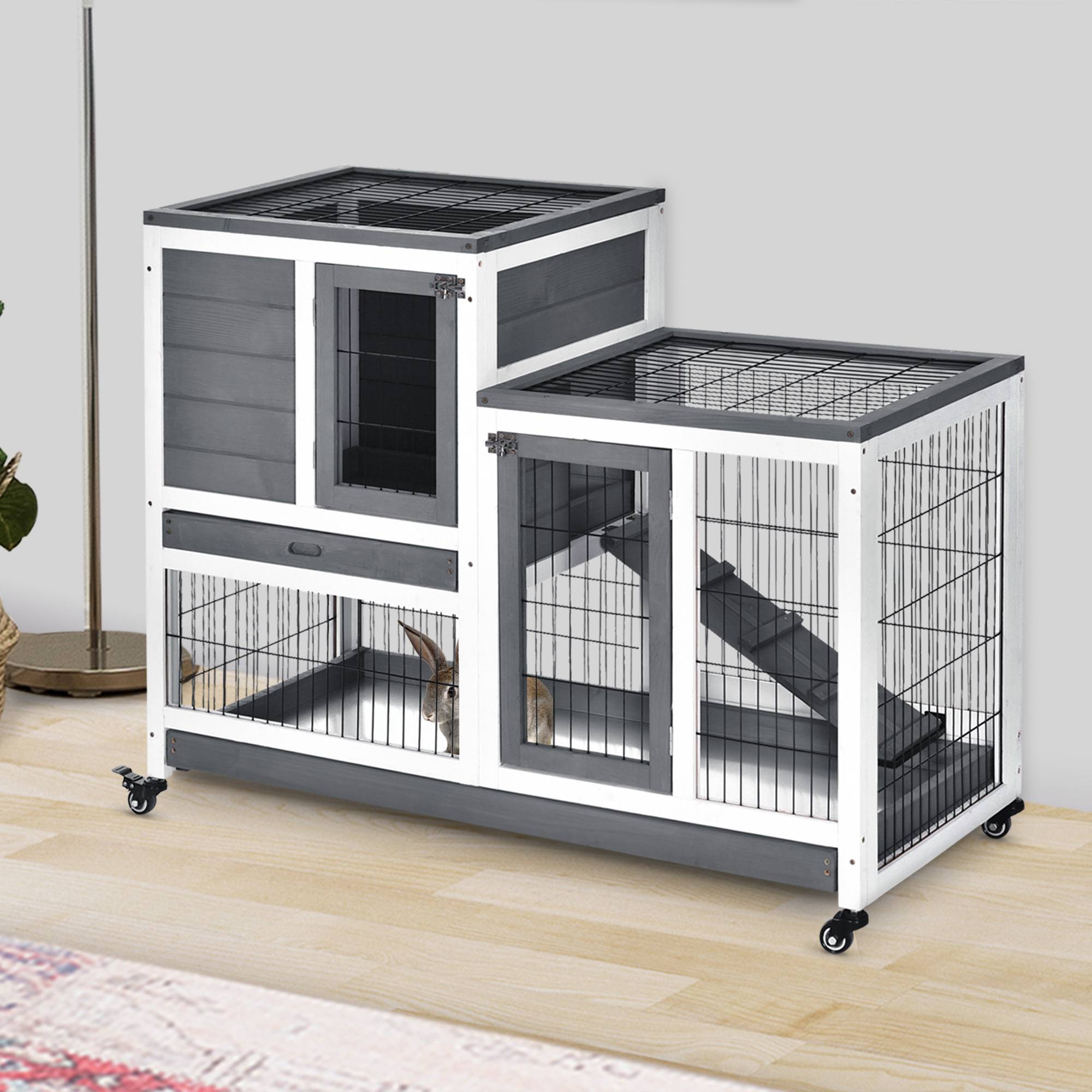 Clapier en bois à roulettes pour lapin d'intérieur, cage à deux étages avec rampe et deux plateaux amovibles, 110 x 50 x 88 cm, gris - Image 3
