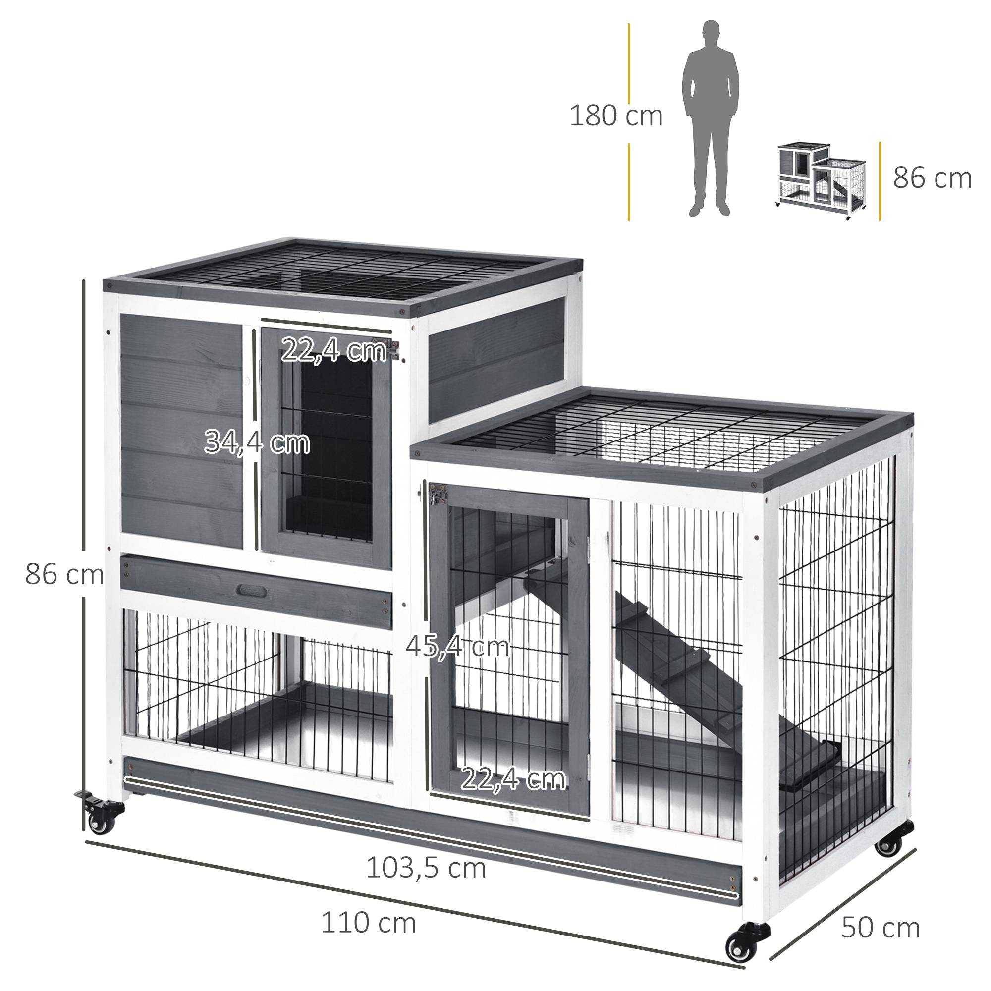 Clapier en bois à roulettes pour lapin d'intérieur, cage à deux étages avec rampe et deux plateaux amovibles, 110 x 50 x 88 cm, gris - Image 5