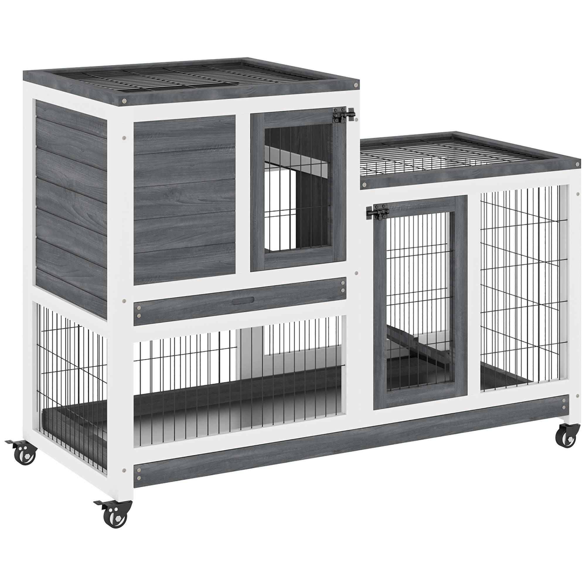 Clapier en bois à roulettes pour lapin d'intérieur, cage à deux étages avec rampe et deux plateaux amovibles, 110 x 50 x 88 cm, gris