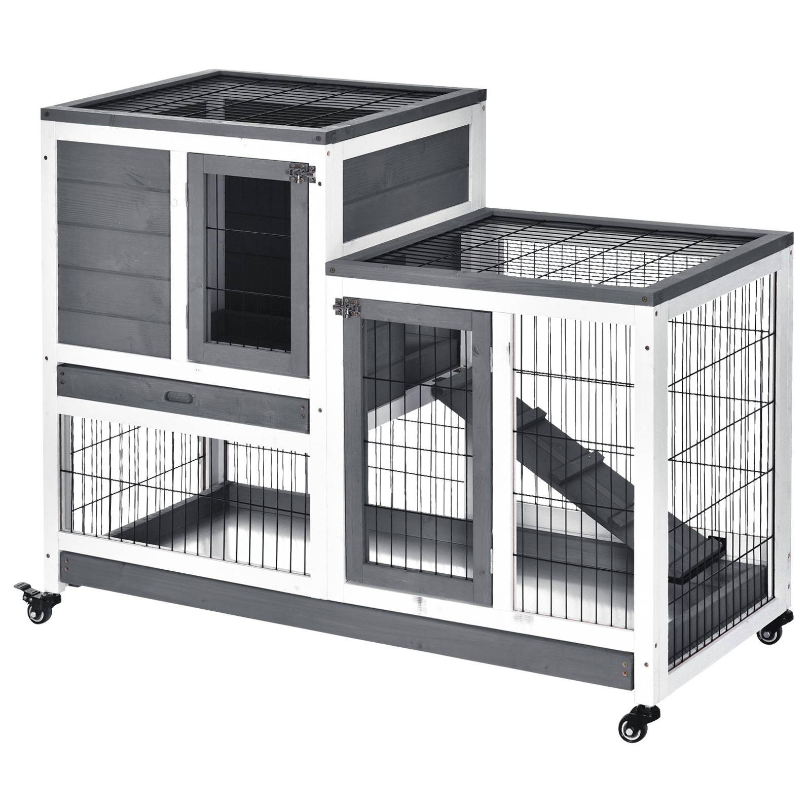 Clapier en bois à roulettes pour lapin d'intérieur, cage à deux étages avec rampe et deux plateaux amovibles, 110 x 50 x 88 cm, gris - Image 2