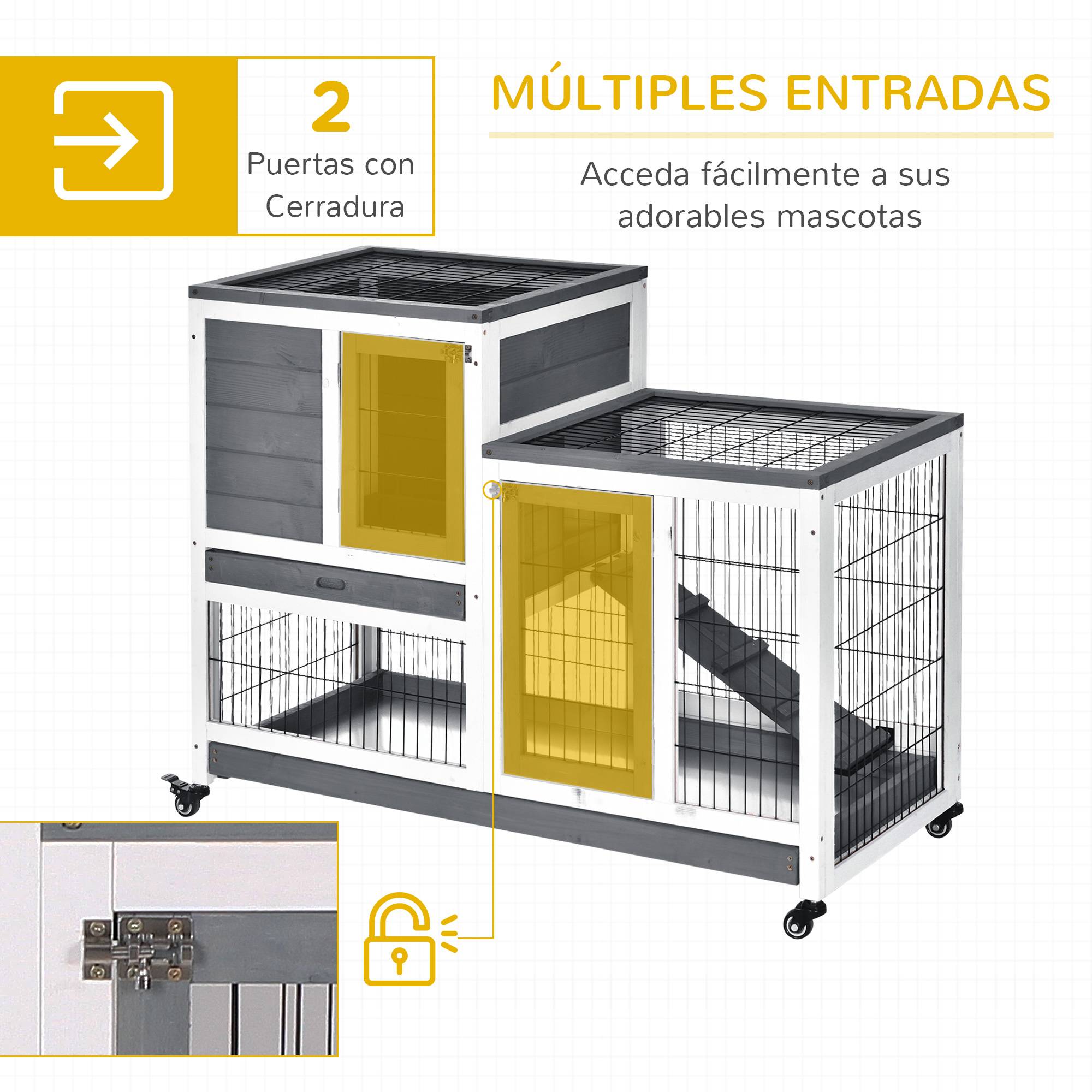 Clapier en bois à roulettes pour lapin d'intérieur, cage à deux étages avec rampe et deux plateaux amovibles, 110 x 50 x 88 cm, gris - Image 7