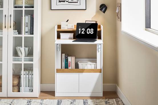 SoBuy Bureau Compact Multifonctionnel avec 2 Tiroirs et Étagères, Bureau de Gaming et Rangement, Blanc Naturel 63x67x93 cm FWT109-WN - Image 2