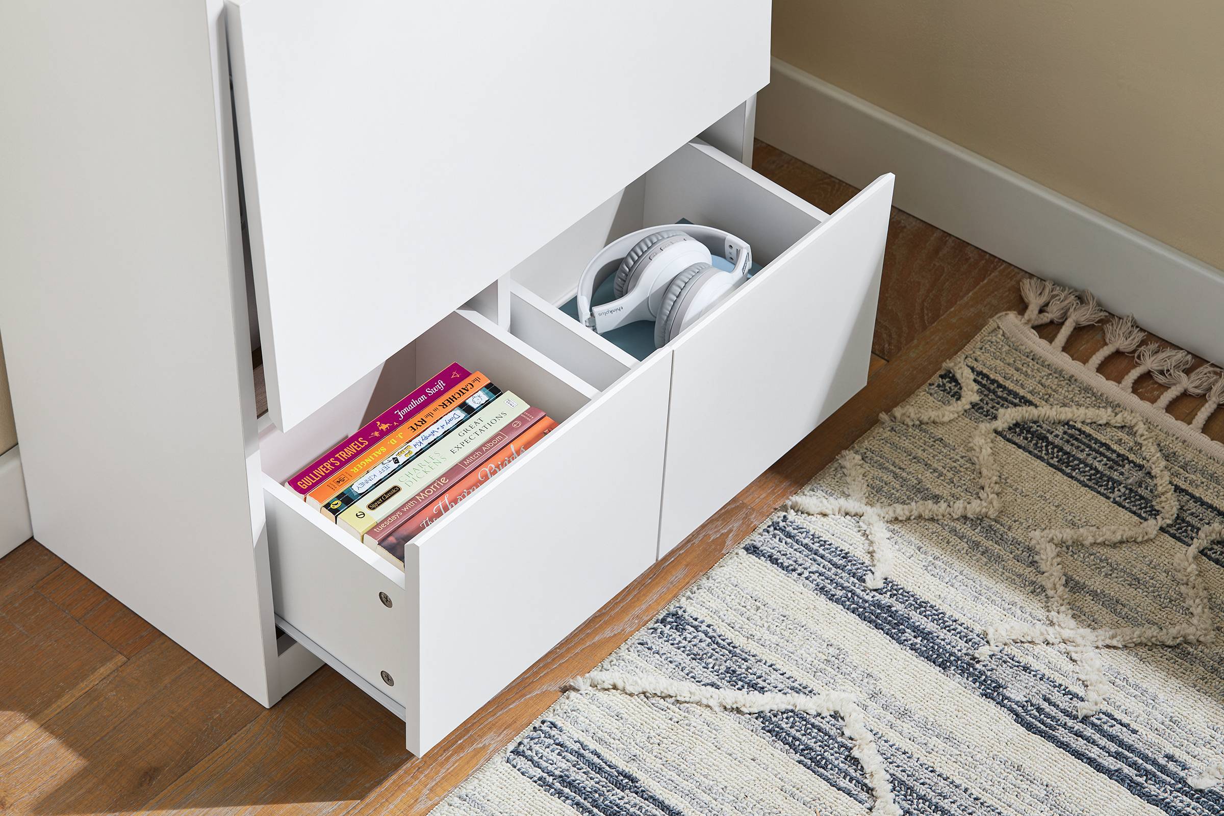 SoBuy Bureau Compact Multifonctionnel avec 2 Tiroirs et Étagères, Bureau de Gaming et Rangement, Blanc Naturel 63x67x93 cm FWT109-WN - Image 6
