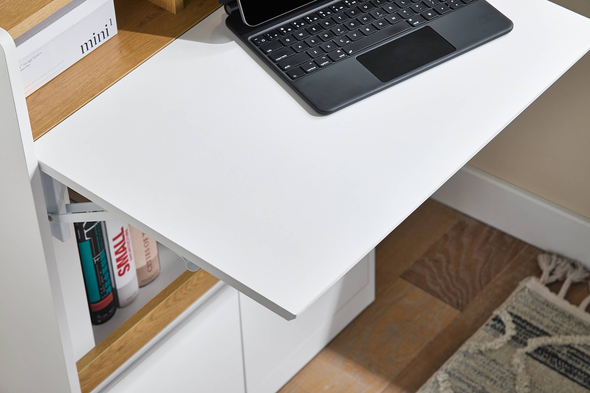 SoBuy Bureau Compact Multifonctionnel avec 2 Tiroirs et Étagères, Bureau de Gaming et Rangement, Blanc Naturel 63x67x93 cm FWT109-WN - Image 5
