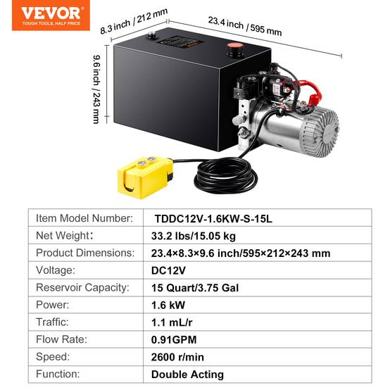 VEVOR Pompe hydraulique DC 12V 14L double effet, débit 3.44 L/min, pression 22 MPa, pour benne basculante/nacelle. - Image 7
