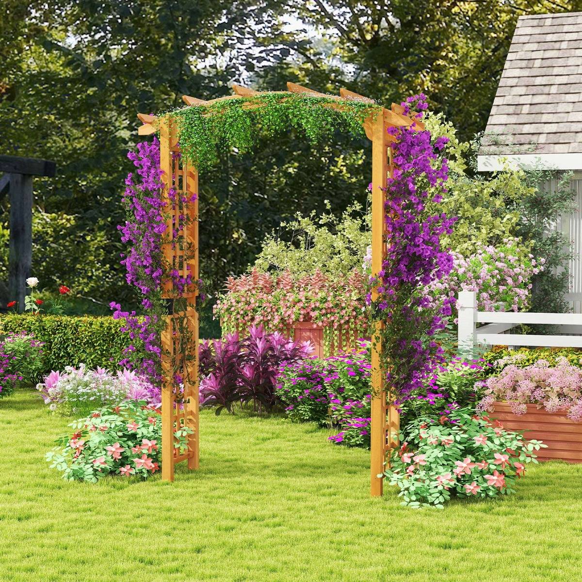 Arche de Jardin en Bois pour Plantes Grimpantes Arceau à Rosiers en Treillis 160x60x229CM Support de Toile de Fond Incurvé Orange MAISON CHIC - Image 2