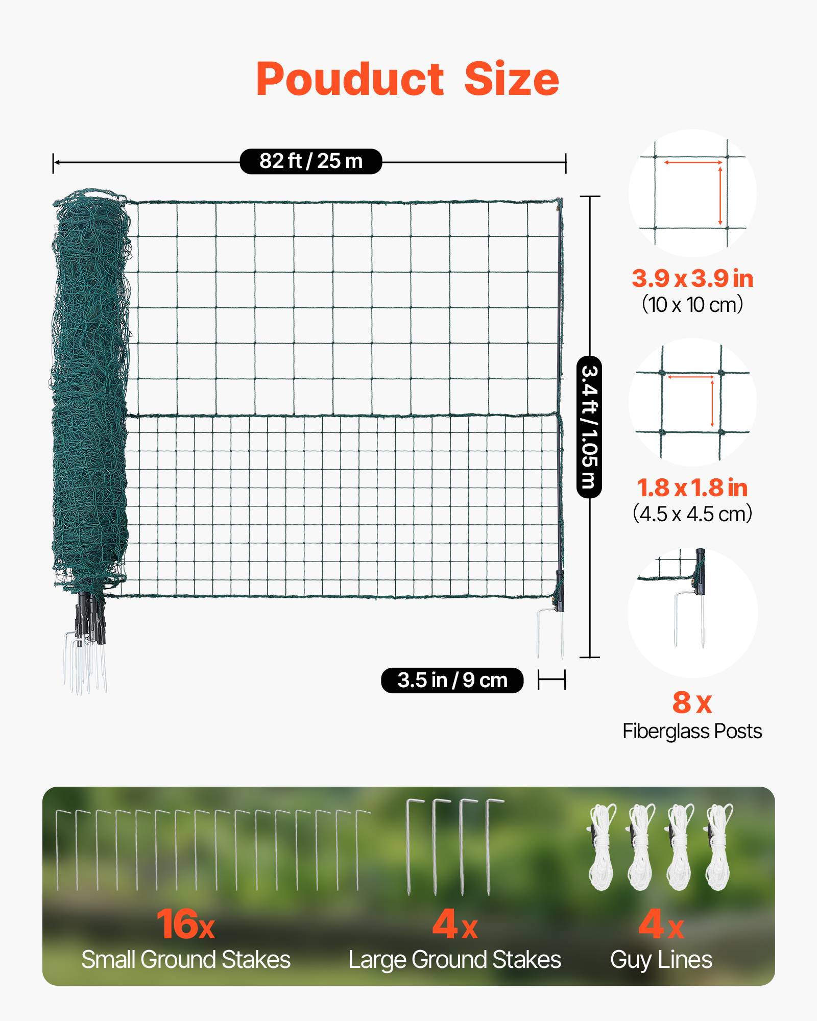 Vevor - VEVOR Clôture filet mobile 25 x 1,05 m, filet PE anti-UV, poteaux fibre de verre, piquets double pointe et haubans, idéale jardin et animaux. - Image 2