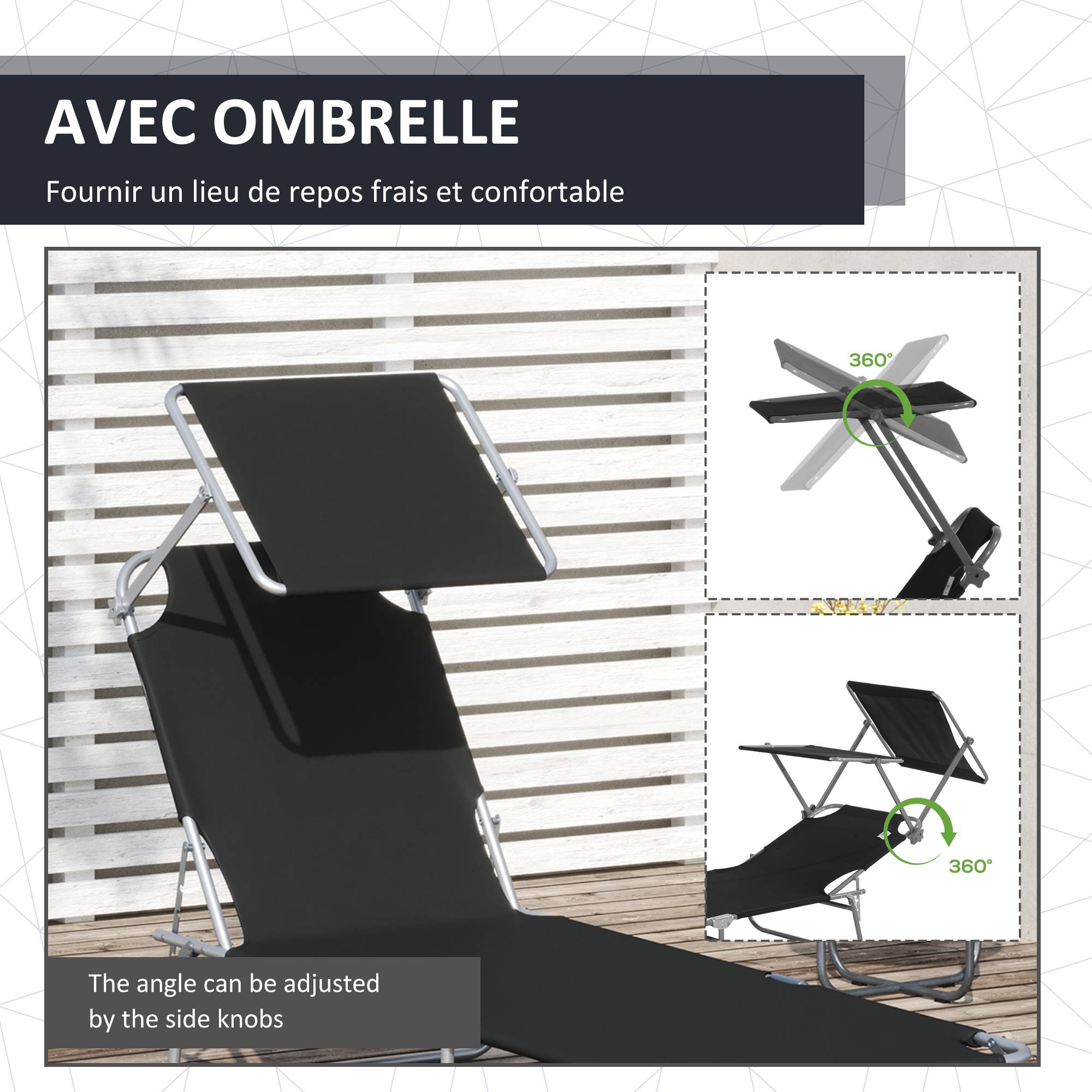Outsunny - Transat bain de soleil pliable grand confort dossier et pare-soleil réglable multi-positions noir - Outsunny - Imagen 5