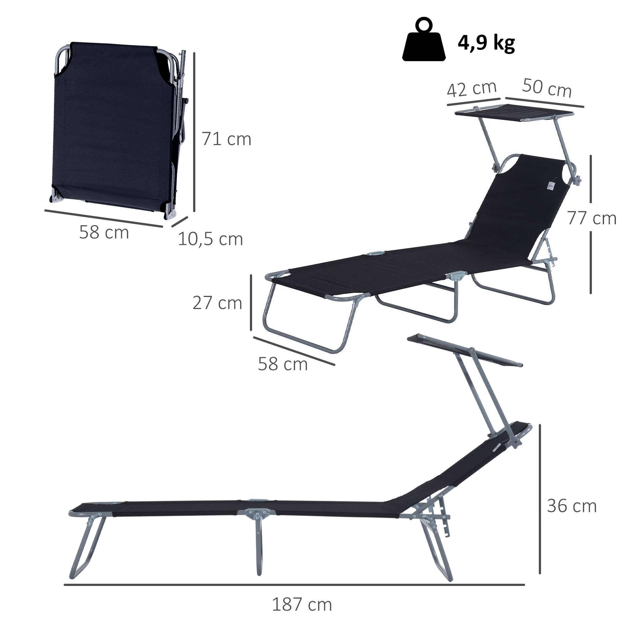 Outsunny - Transat bain de soleil pliable grand confort dossier et pare-soleil réglable multi-positions noir - Outsunny - Imagen 3