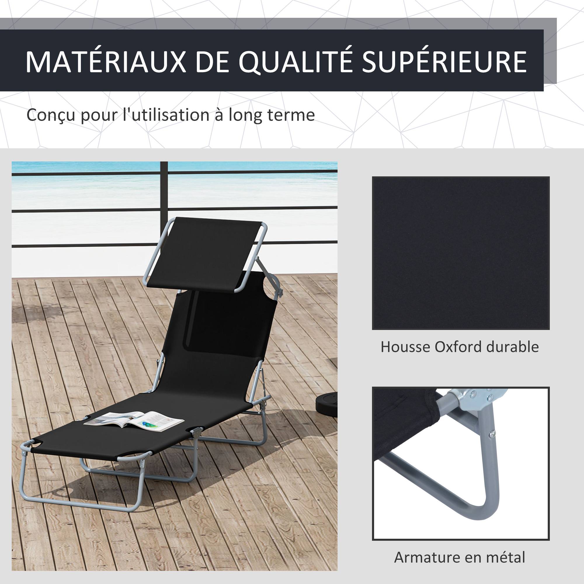 Outsunny - Transat bain de soleil pliable grand confort dossier et pare-soleil réglable multi-positions noir - Outsunny - Imagen 6