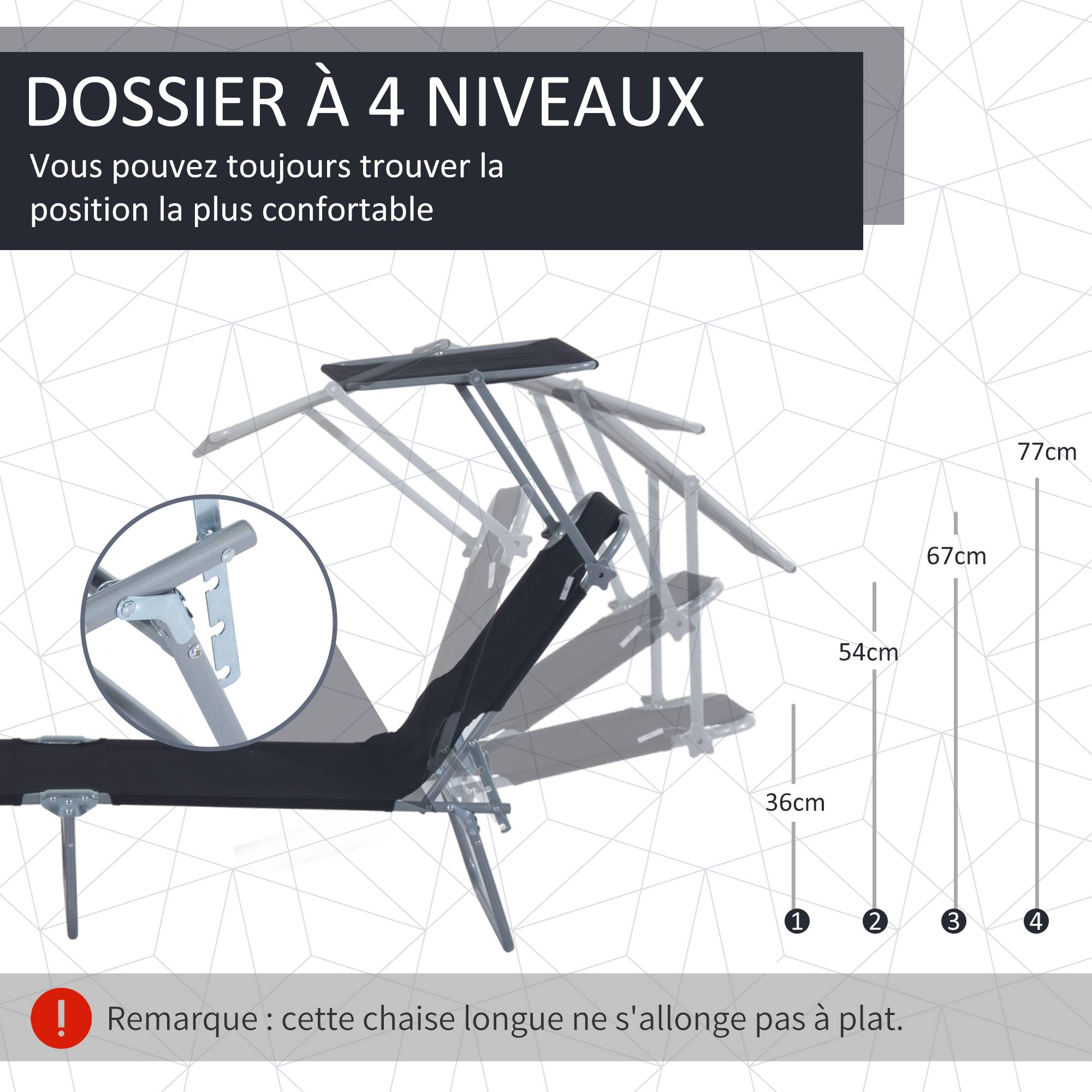 Outsunny - Transat bain de soleil pliable grand confort dossier et pare-soleil réglable multi-positions noir - Outsunny - Imagen 4