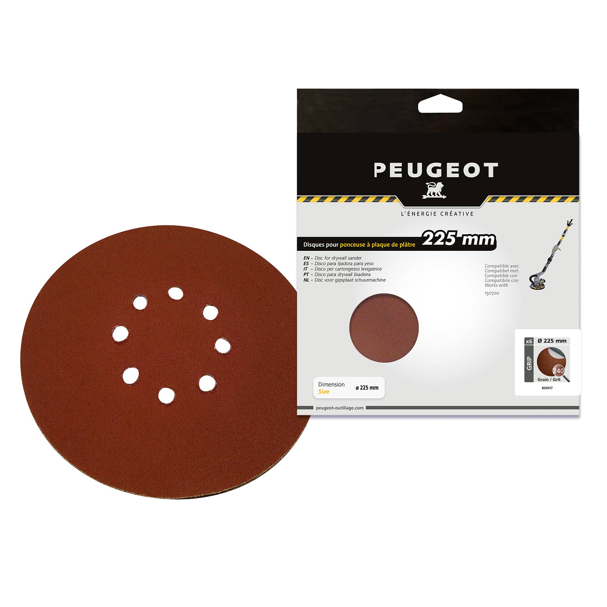 Jeu de 6 abrasifs plâtre D225mm à 8 trous grain 240 - PEUGEOT OUTILLAGE - 805417