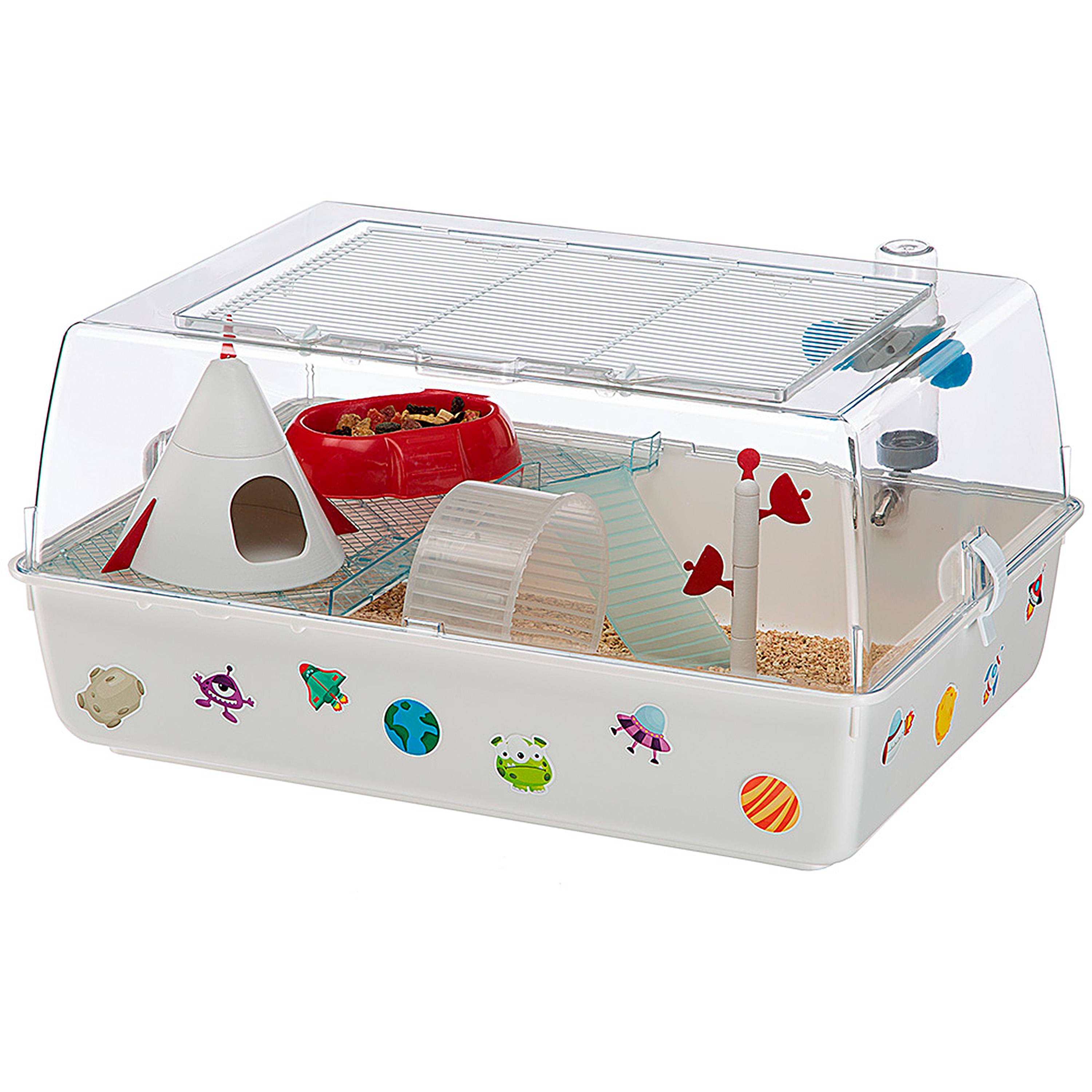 Ferplast - Ferplast Cage pour hamster sur le thème de l'espace, toit ouvrant, habitat avec tous les accessoires et autocollants inclus, base amovible, 55 x 39 x - Imagen 1