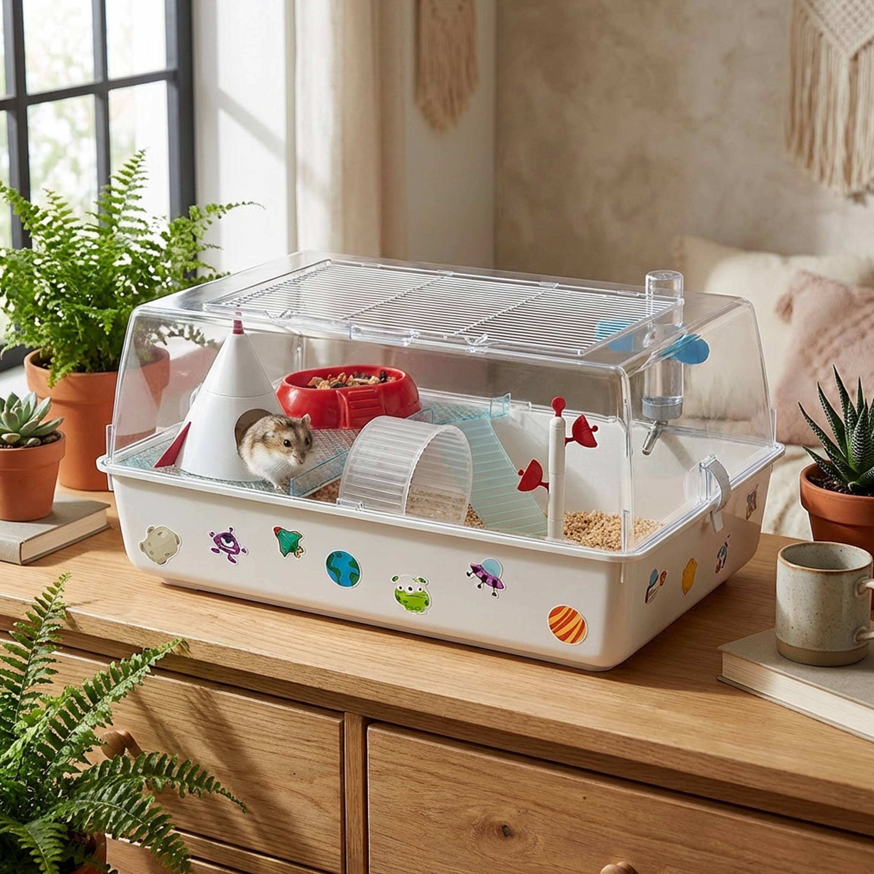 Ferplast - Ferplast Cage pour hamster sur le thème de l'espace, toit ouvrant, habitat avec tous les accessoires et autocollants inclus, base amovible, 55 x 39 x - Imagen 3