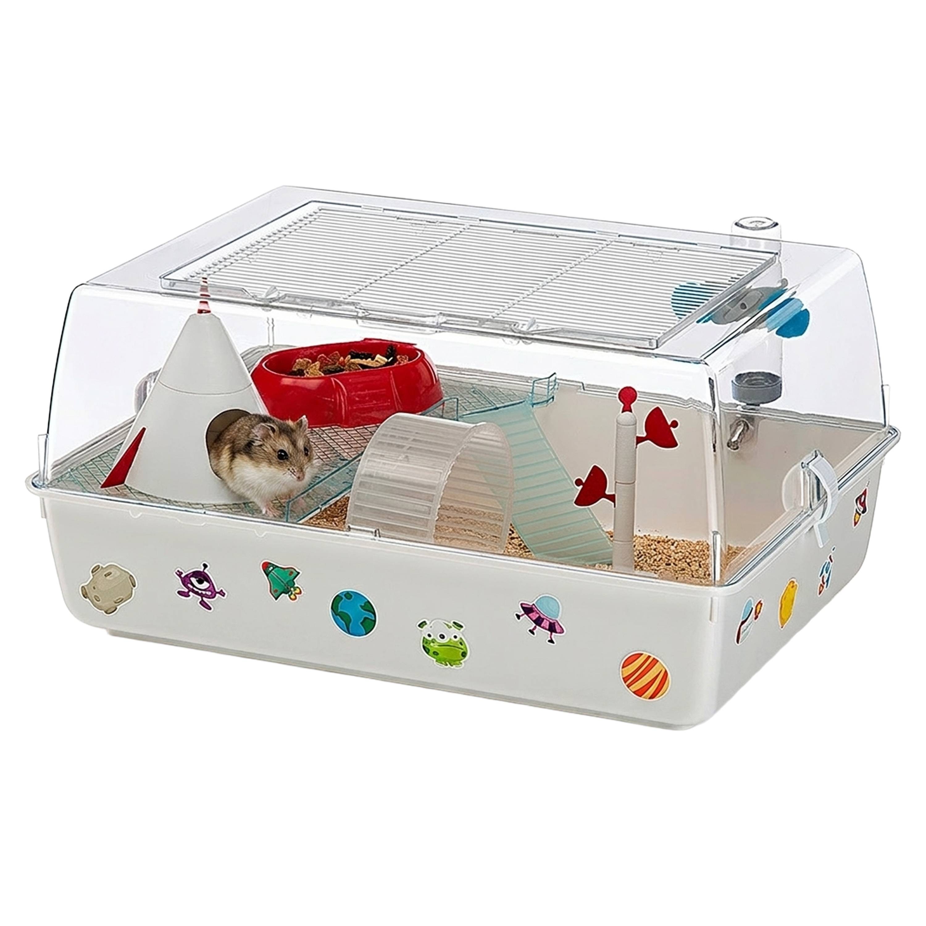 Ferplast - Ferplast Cage pour hamster sur le thème de l'espace, toit ouvrant, habitat avec tous les accessoires et autocollants inclus, base amovible, 55 x 39 x - Imagen 4