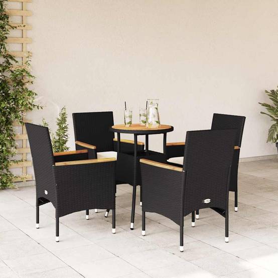 Salon de Jardin 4 Personnes Résine Tressée Acacia Table Ronde d'Appoint avec Coussins pour Terrasse Noir Ø60cm – ComfortXL Outdoor Living - Image 1