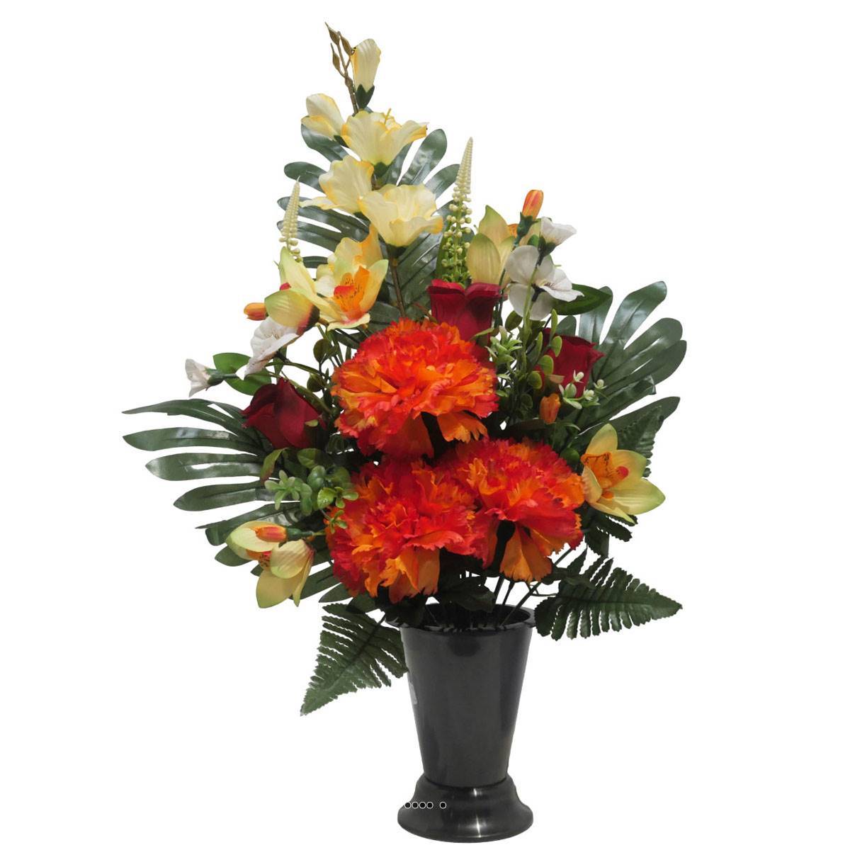 Artificielles - Pot Cone de fleurs artificielles oeillet, Bouton de rose, Orchidée, Glaieul Orange pour la Toussaint - couleur: Orange - Imagen 1