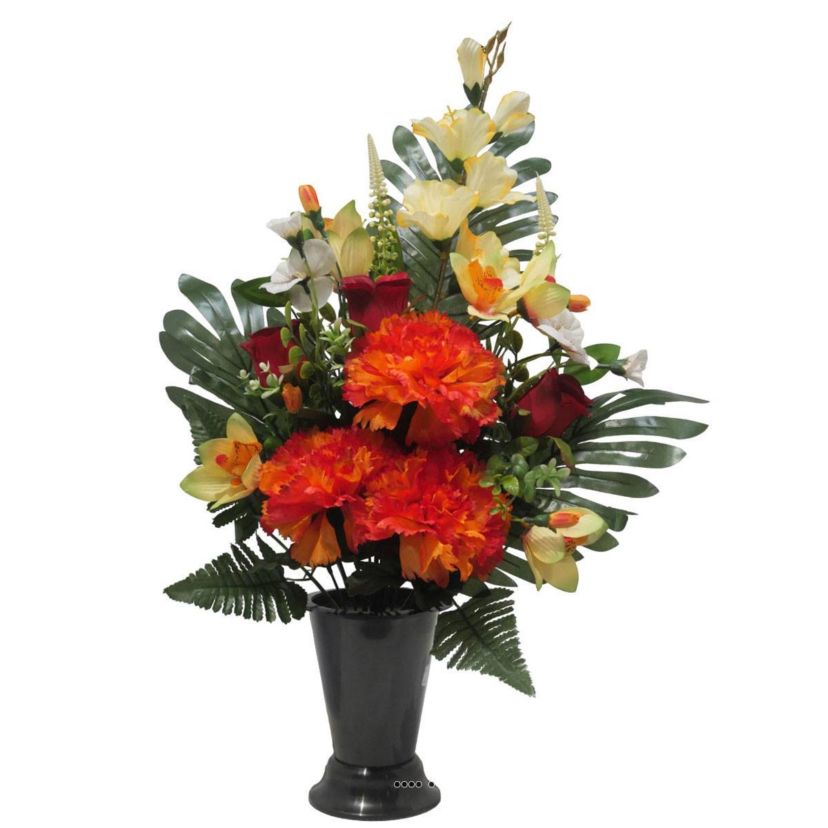 Artificielles - Pot Cone de fleurs artificielles oeillet, Bouton de rose, Orchidée, Glaieul Orange pour la Toussaint - couleur: Orange - Imagen 2