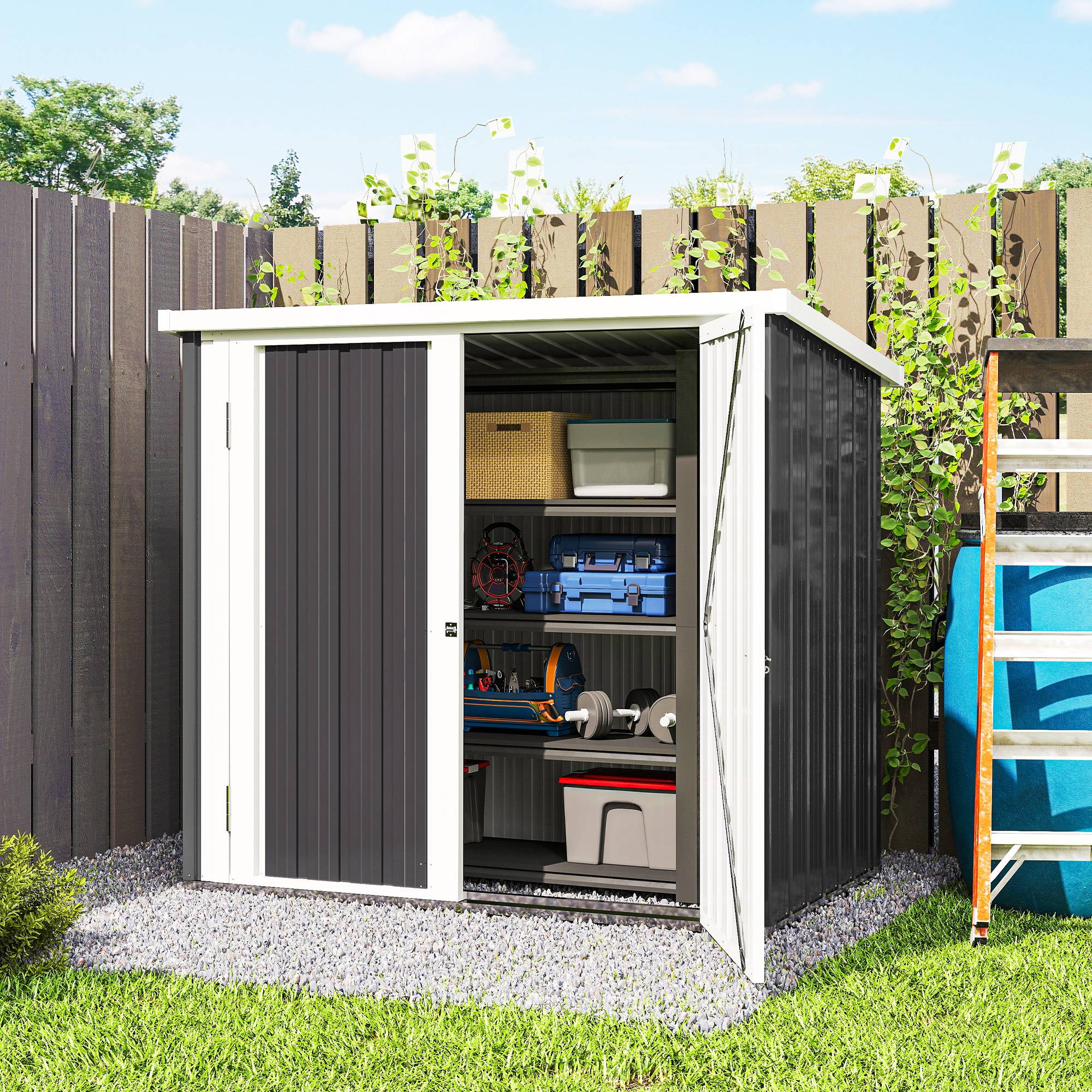 Outsunny - Abri de Jardin Remise Outils/Poubelle 147x86x134 cm 2 portes verrouillables acier Noir Blanc - OUTSUNNY - Image 5