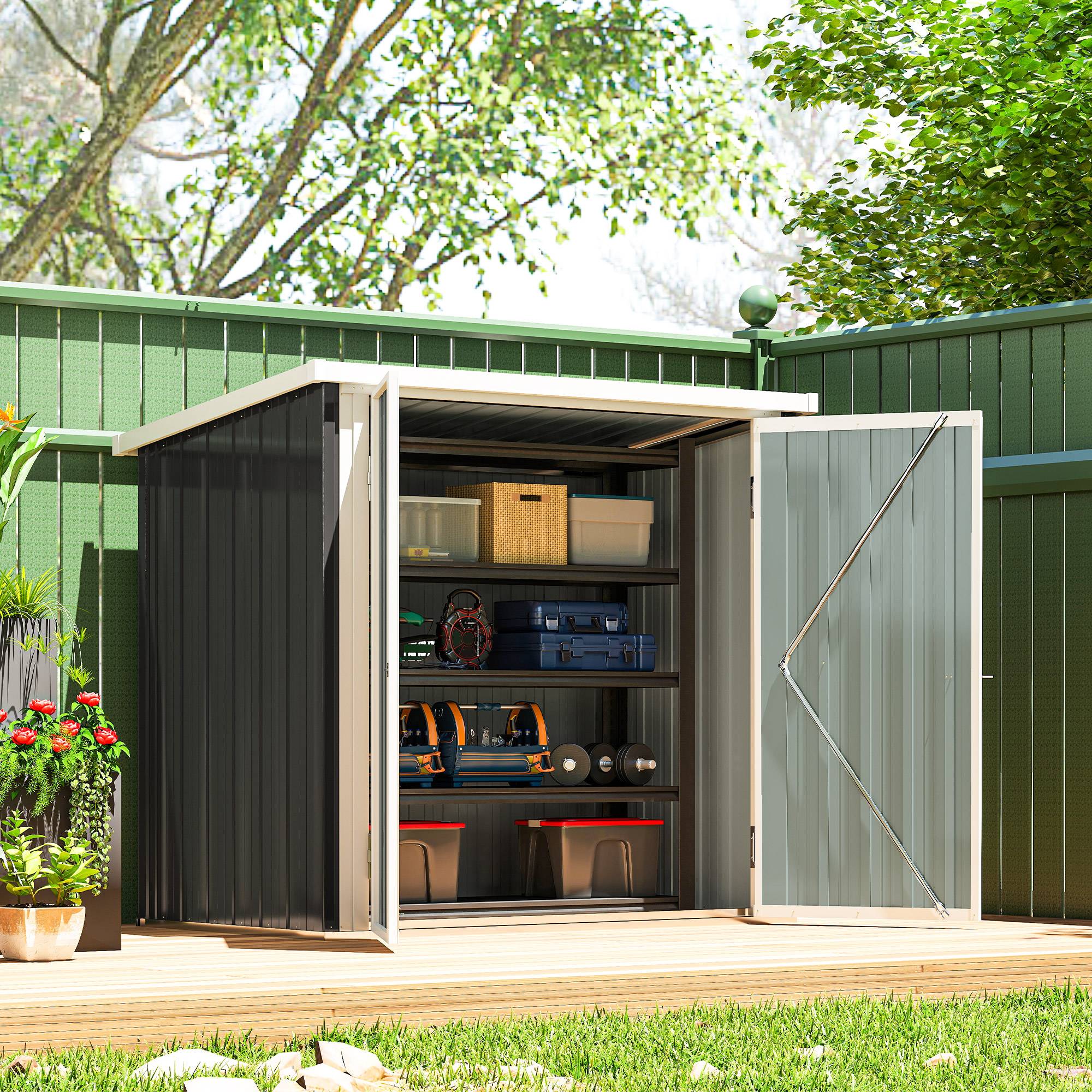 Outsunny - Abri de Jardin Remise Outils/Poubelle 147x86x134 cm 2 portes verrouillables acier Noir Blanc - OUTSUNNY - Image 2