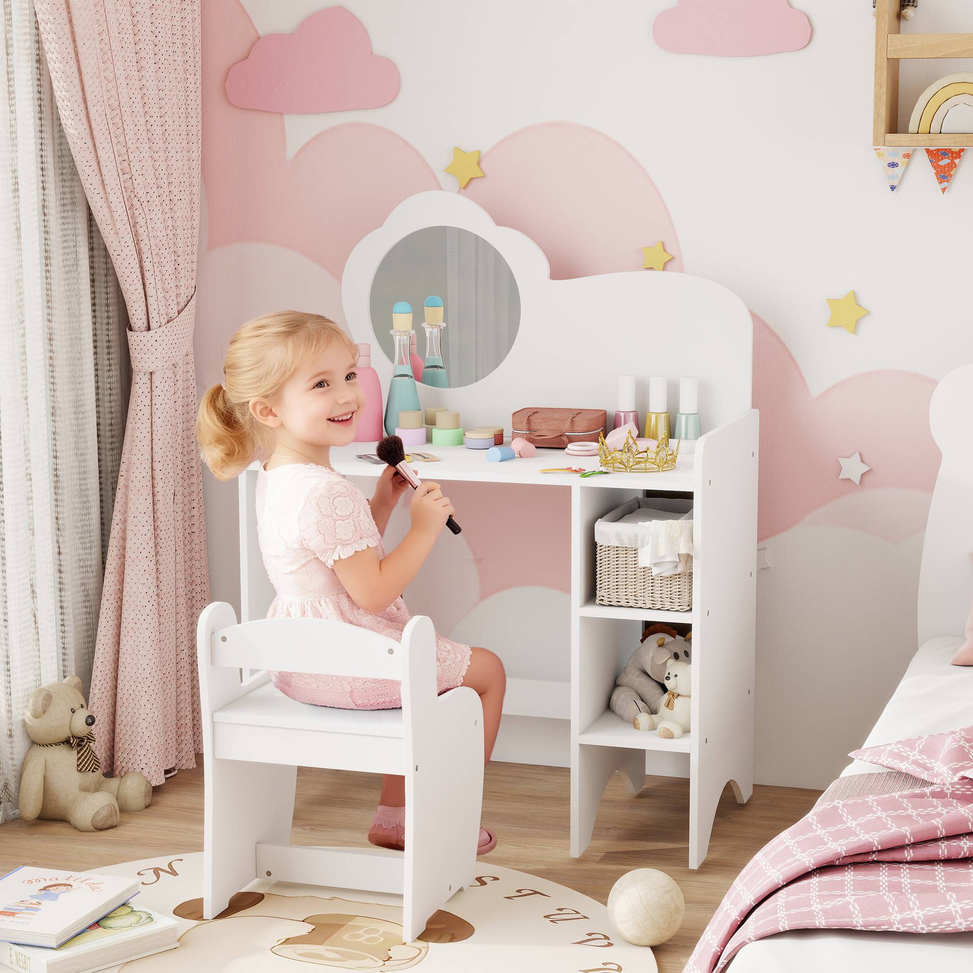 Sans Marque - Coiffeuse 2 en 1 pour filles avec tabouret, miroir et étagères ouvertes, pour enfants de 3 ans et plus, blanche - Image 3