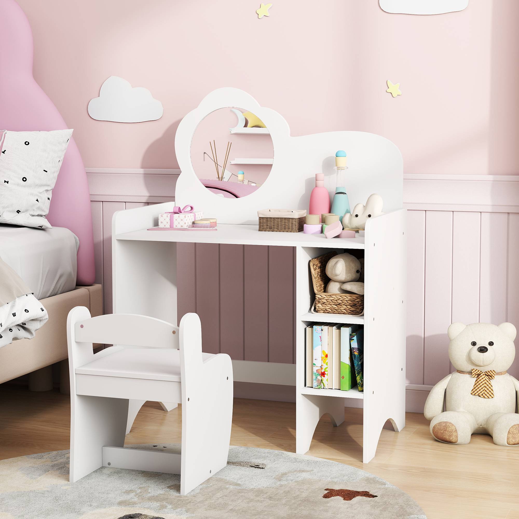 Sans Marque - Coiffeuse 2 en 1 pour filles avec tabouret, miroir et étagères ouvertes, pour enfants de 3 ans et plus, blanche - Image 4