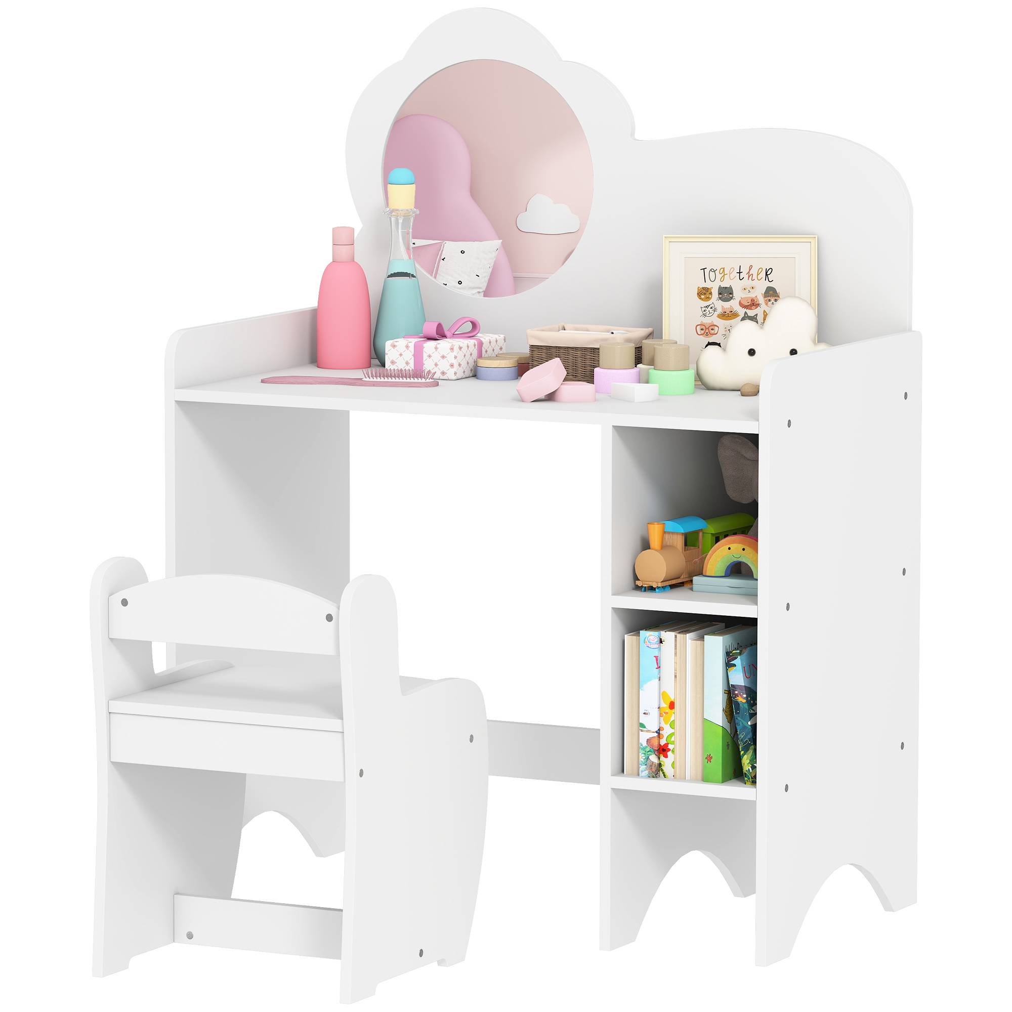 Sans Marque - Coiffeuse 2 en 1 pour filles avec tabouret, miroir et étagères ouvertes, pour enfants de 3 ans et plus, blanche - Image 1