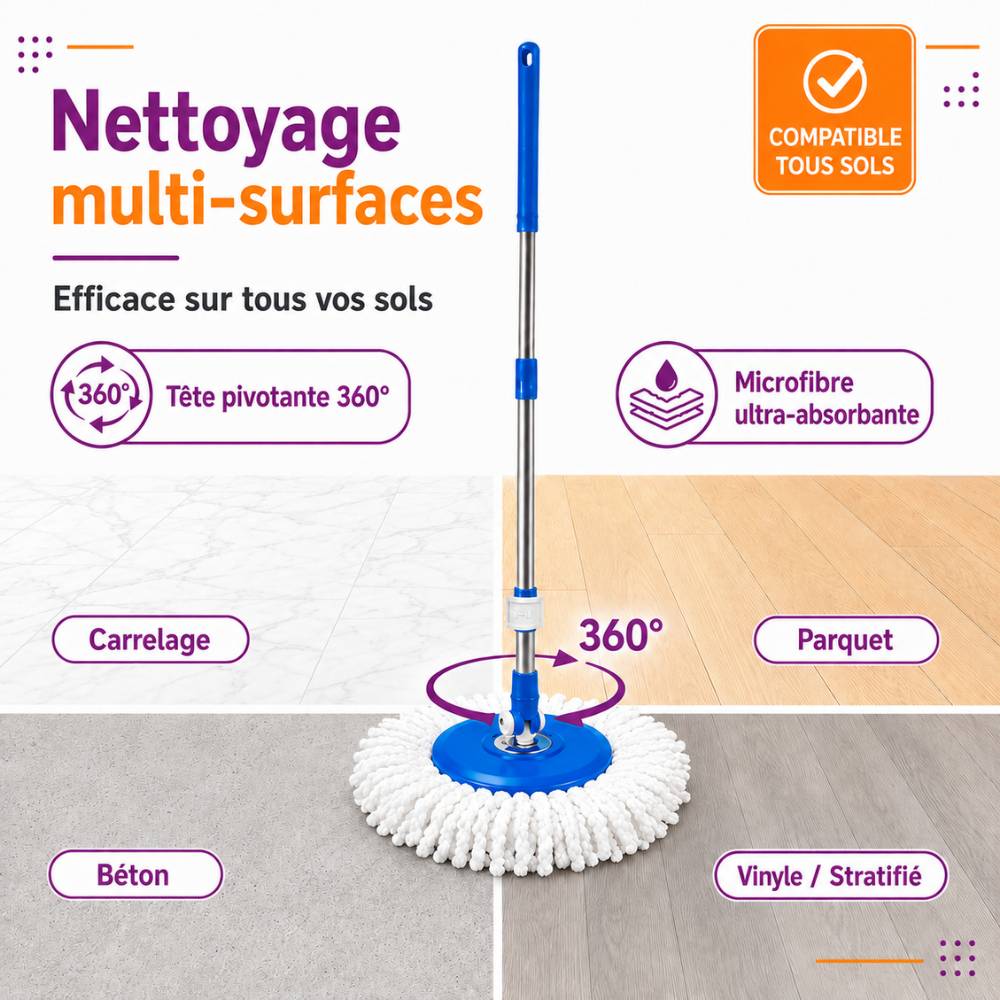 Balai Magique Microfibre, Nettoyage Sol Facile et Rapide, Seau Double Bac - Image 3