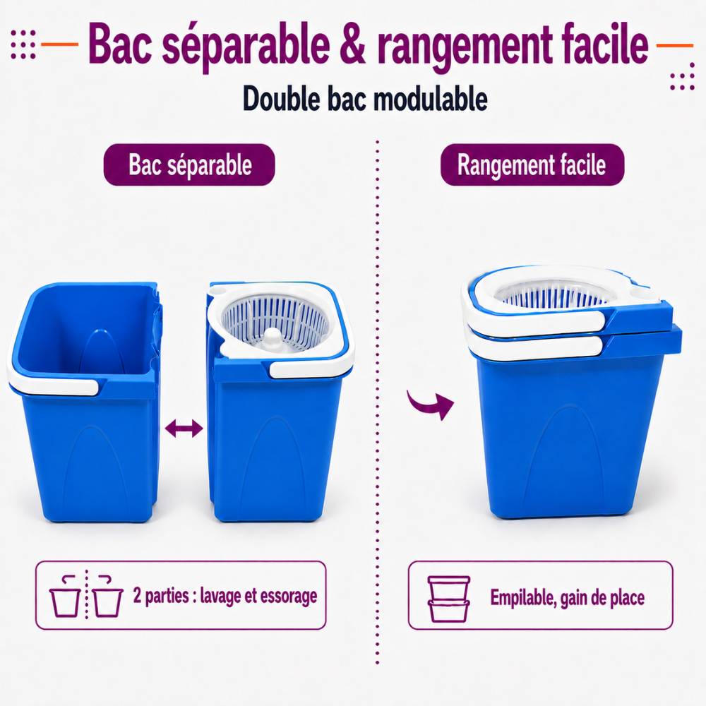 Balai Magique Microfibre, Nettoyage Sol Facile et Rapide, Seau Double Bac - Image 4
