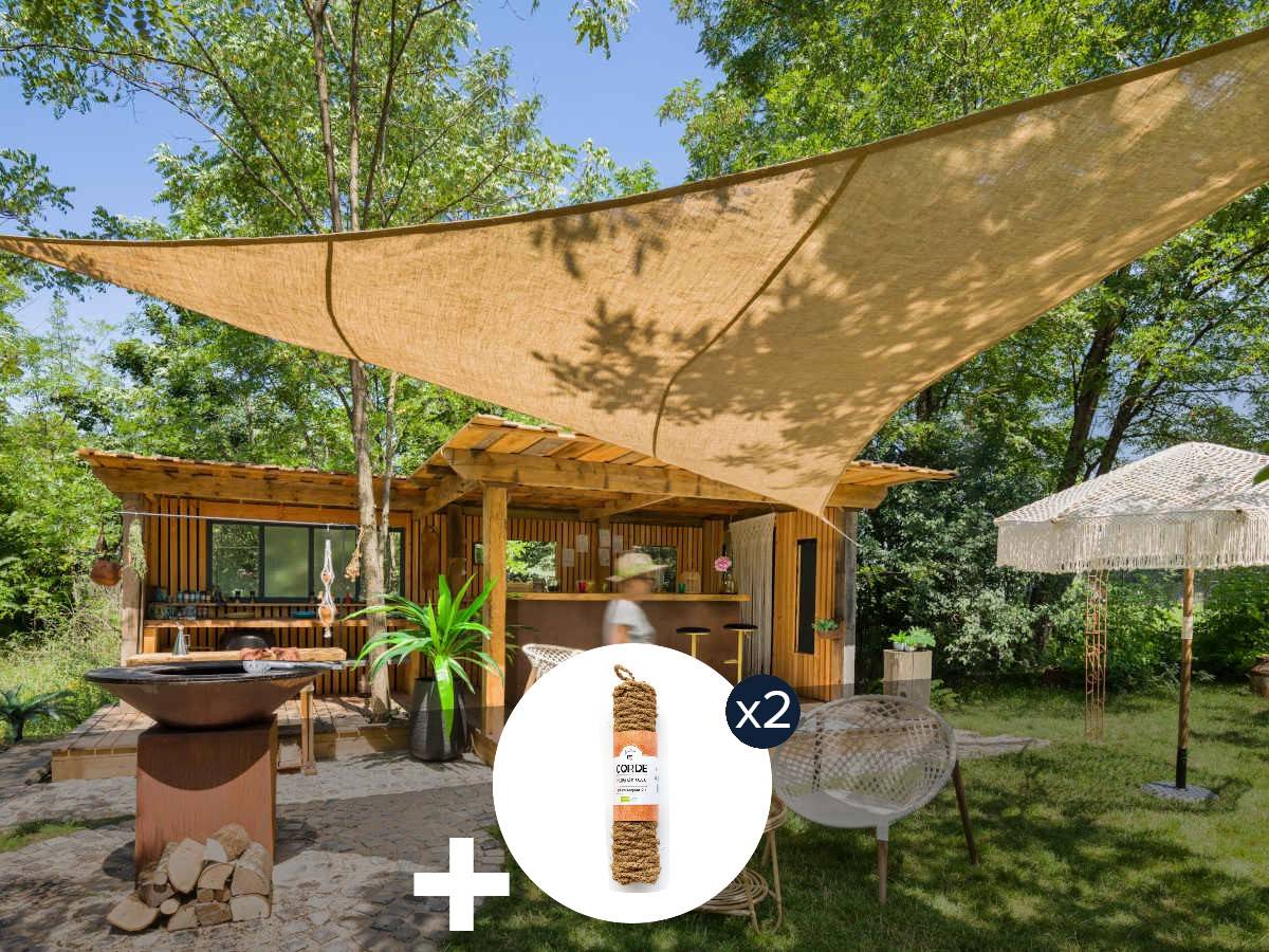 Voile d'ombrage Naturelle Jute Triangulaire 3,60 m + 2 cordes fibre de coco 12 m - Jardiline