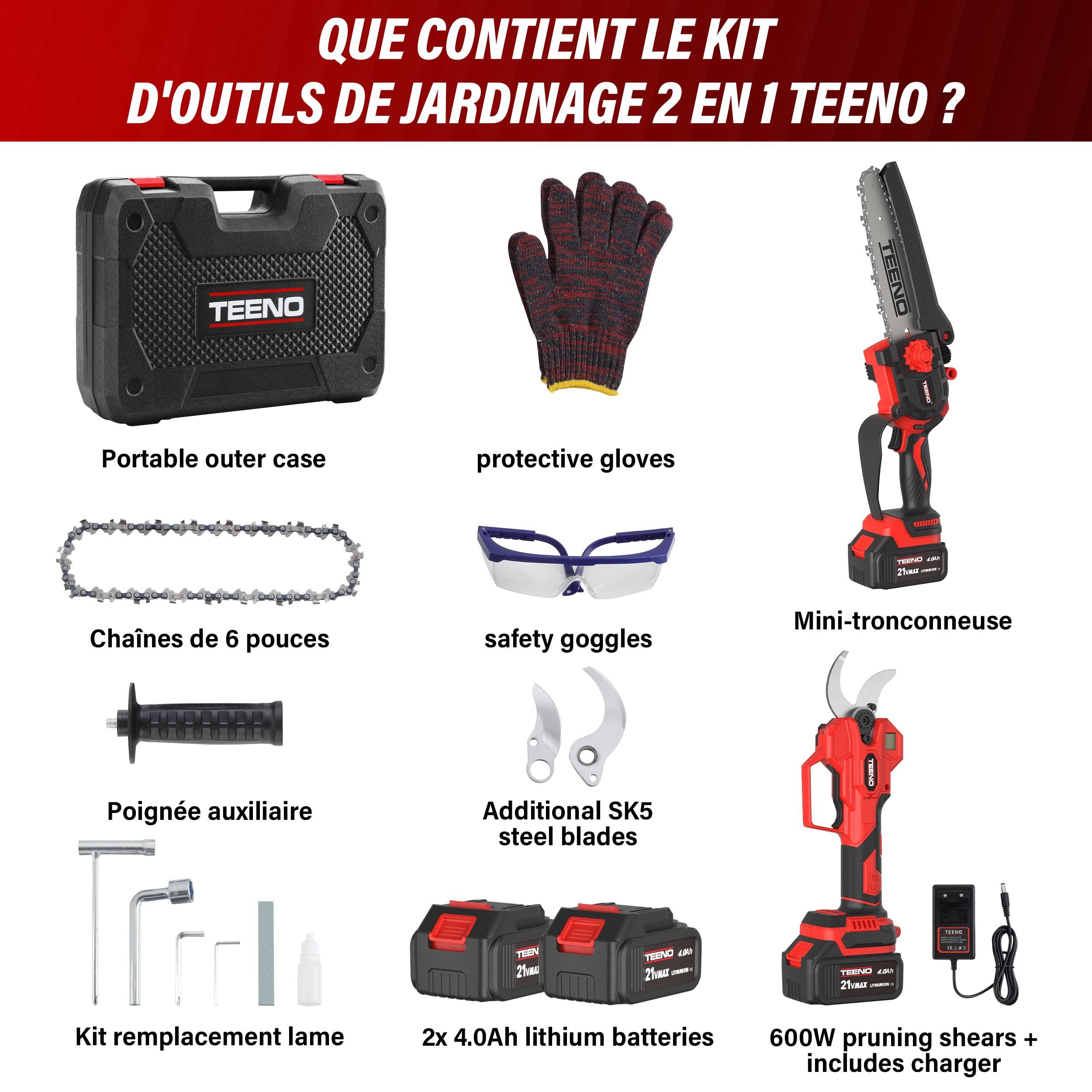 Teeno - Mini‑scie sans fil 600 W 6 pouces + sécateur électrique 40 mm, 2 batteries 4,0 Ah incluses - Image 2