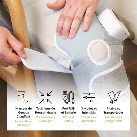 Fishtec - Masseur pressothérapie FISHTEC pour genoux et épaules, 3 modes, 3 intensités, chaleur 45°C, rechargeable, sans fil, soulage les douleurs - Image 3