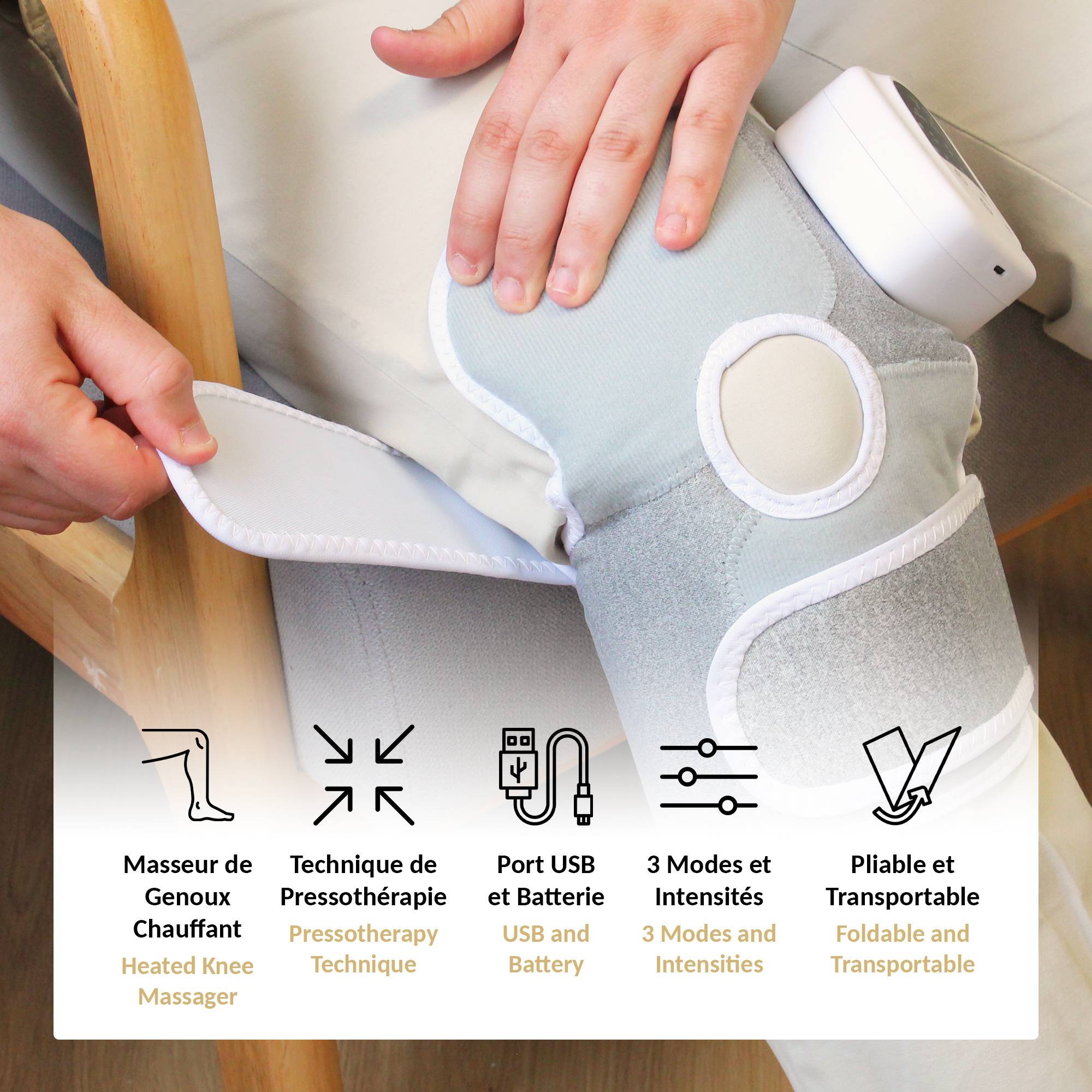 Fishtec - Masseur pressothérapie FISHTEC pour genoux et épaules, 3 modes, 3 intensités, chaleur 45°C, rechargeable, sans fil, soulage les douleurs - Image 3
