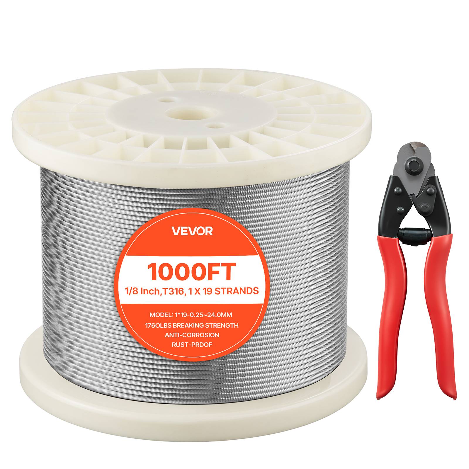 VEVOR Câble en Acier Inoxydable Fil Tressé Inox 316 3,2 mm 304,8 m 1x19 Brins - Image 1