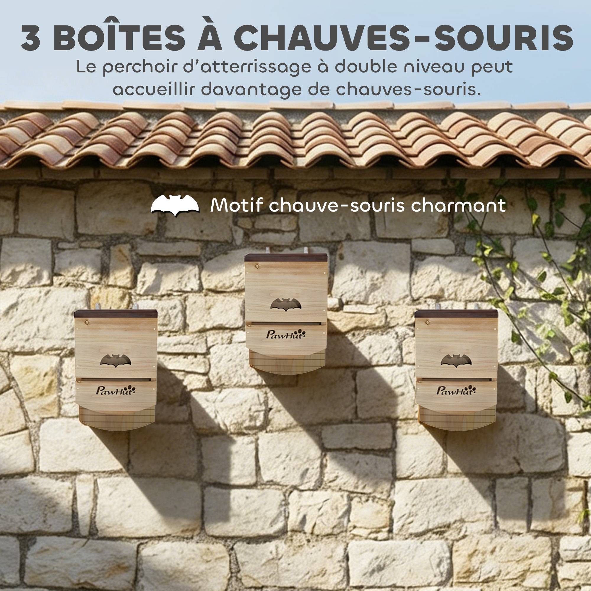 ComfortXL - Lot 3 nichoirs chauves-souris sapin massif plateforme rainurée nuisibles 23x9x36cm naturel - ComfortXL Outdoor Living - Image 6