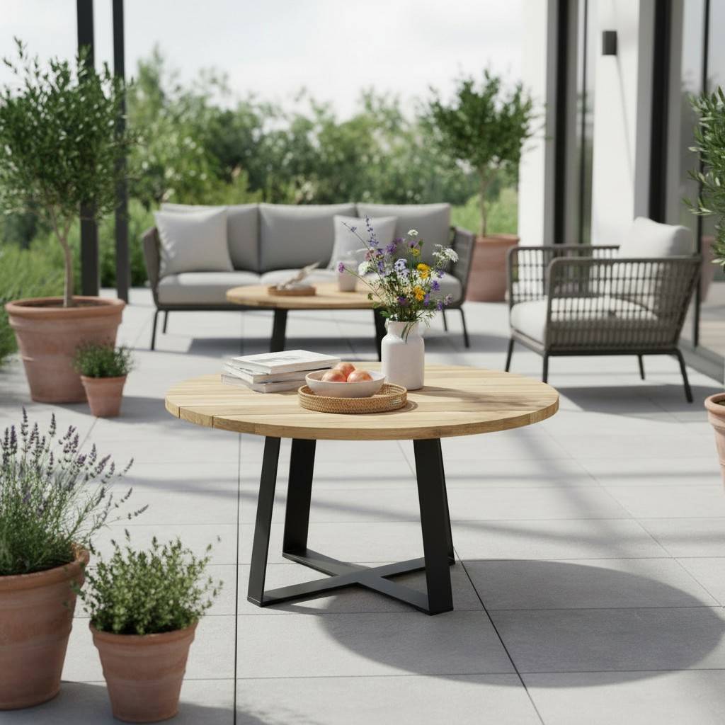 Table basse en métal anthracite et teck recyclé D 80 cm Orsay - Gecko Jardin - Image 5
