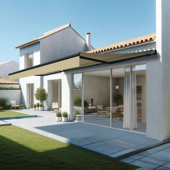 Store banne monobloc ESPAI 6,00x3,00m (Manuelle - Ecru - Gris anthracite) - Alia Productions - Imagen 1