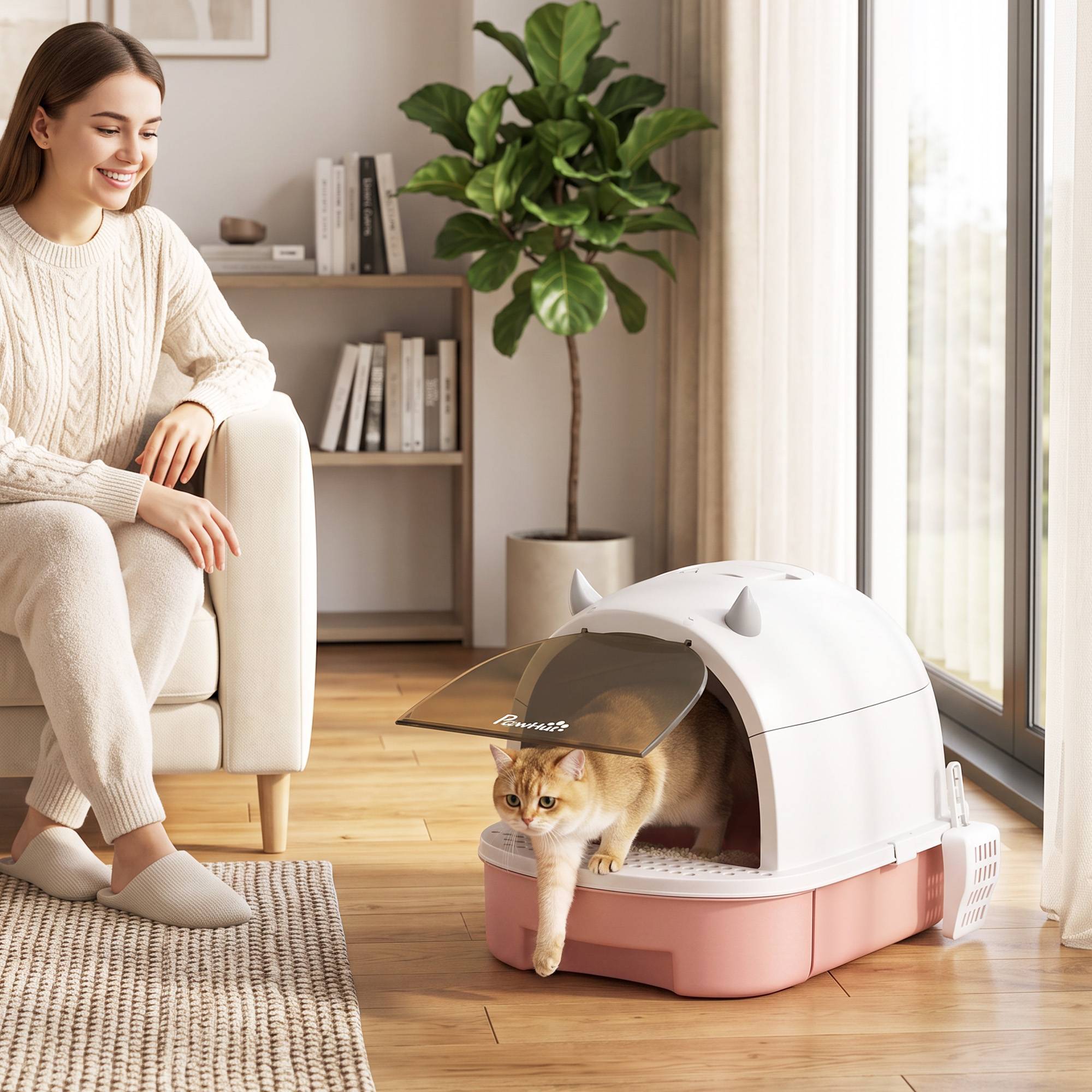 Litière fermée avec bac amovible, pelle et filtre charbon actif, rose - Image 3