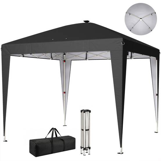 Tonnelle pliante 3x3 m avec hauteur réglable, éclairage central et télécommande, en métal et polyester, noire - Image 1
