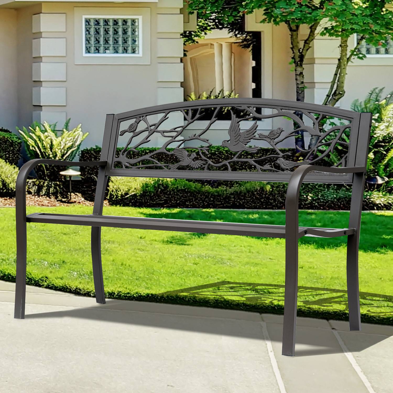 Outsunny - Banc 3 places de jardin terrasse style rural chic 127L x 60l x 85H cm métal époxy anticorrosion brun - Outsunny - Imagen 2