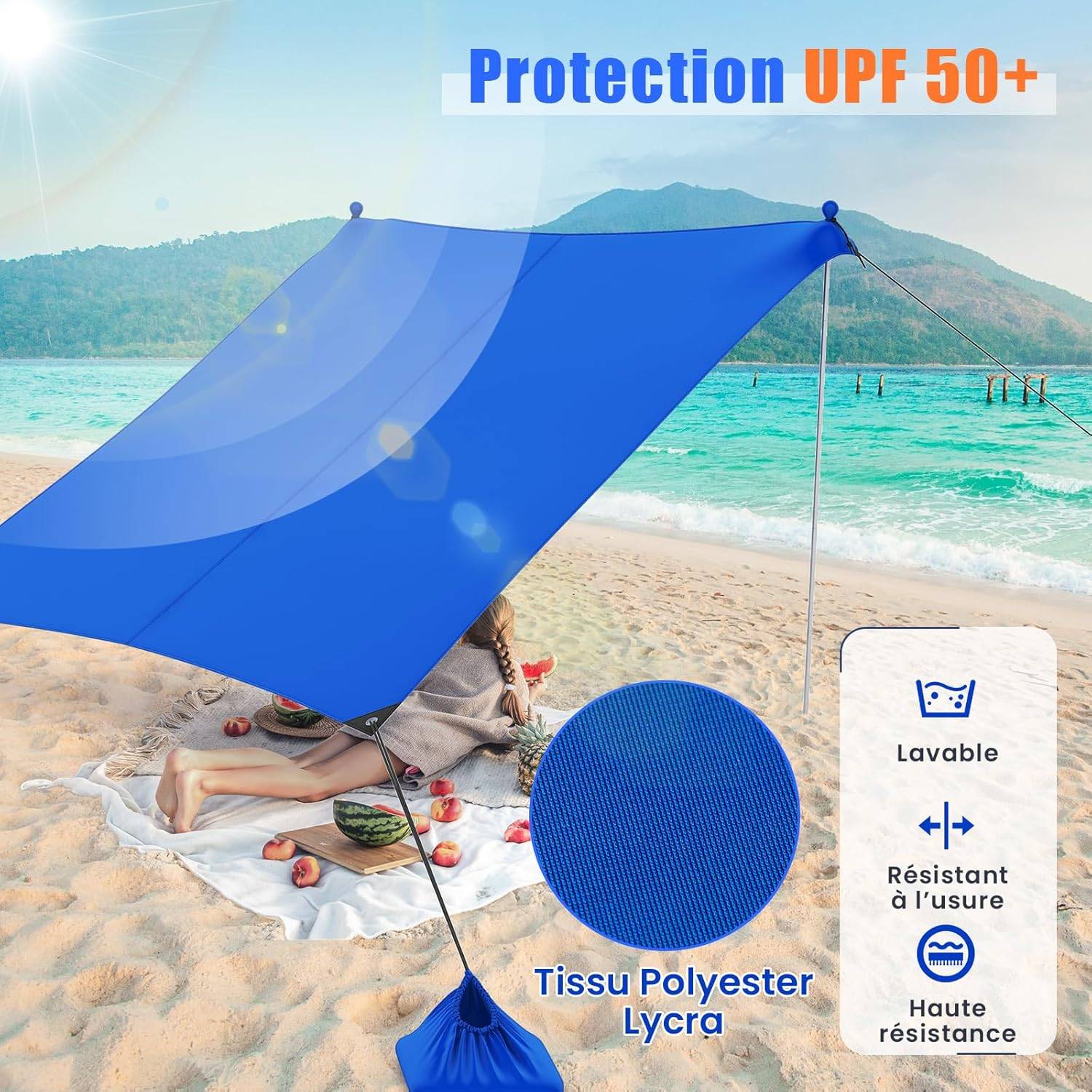 Tente De Plage Wekapo – Auvent Soleil 4 Poteaux, Léger Et Compact, Bleu