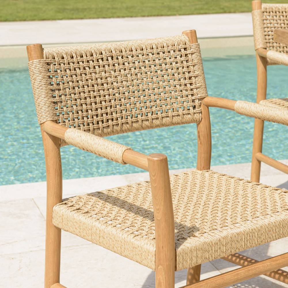 Macabane - VALERIA - Lot de 2 fauteuils jardin accoudoirs bois teck rotin beige - Imagen 3