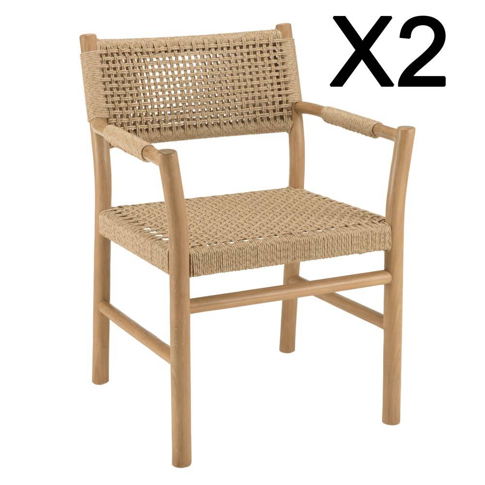 Macabane - VALERIA - Lot de 2 fauteuils jardin accoudoirs bois teck rotin beige - Imagen 10
