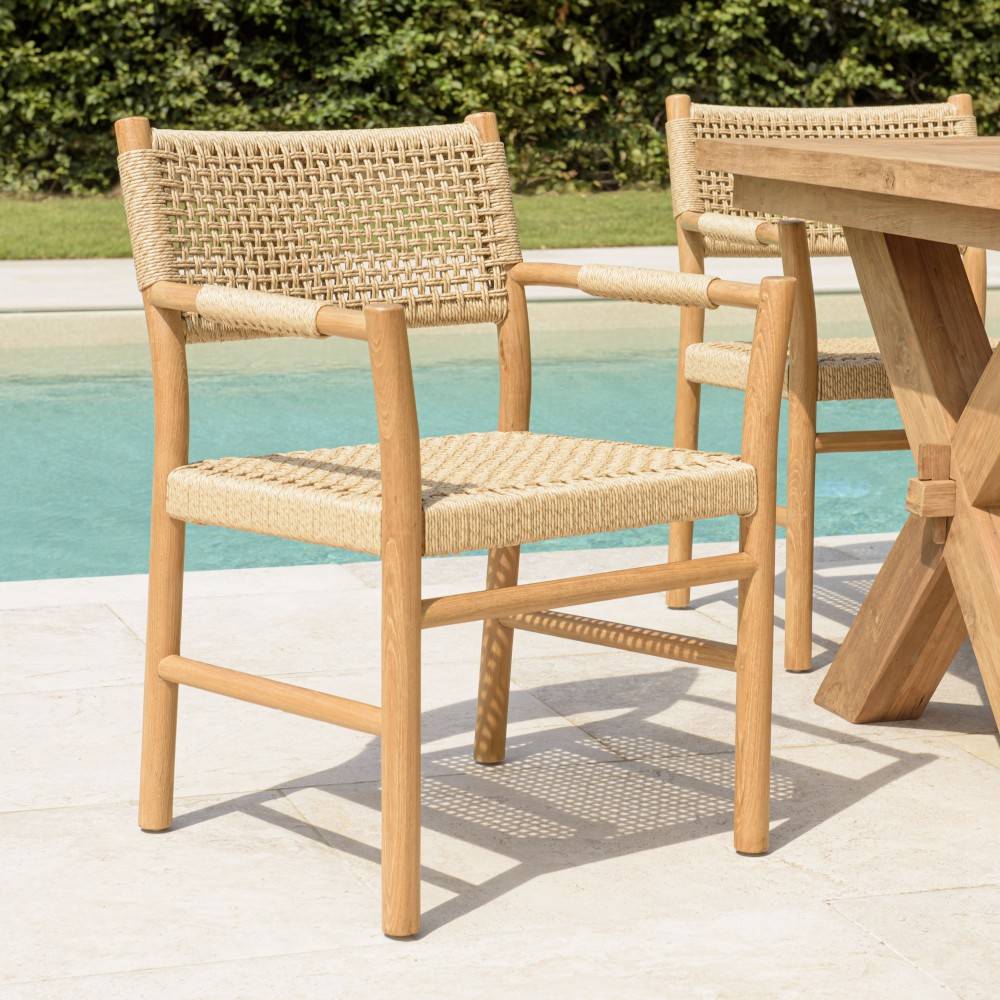 Macabane - VALERIA - Lot de 2 fauteuils jardin accoudoirs bois teck rotin beige - Imagen 2