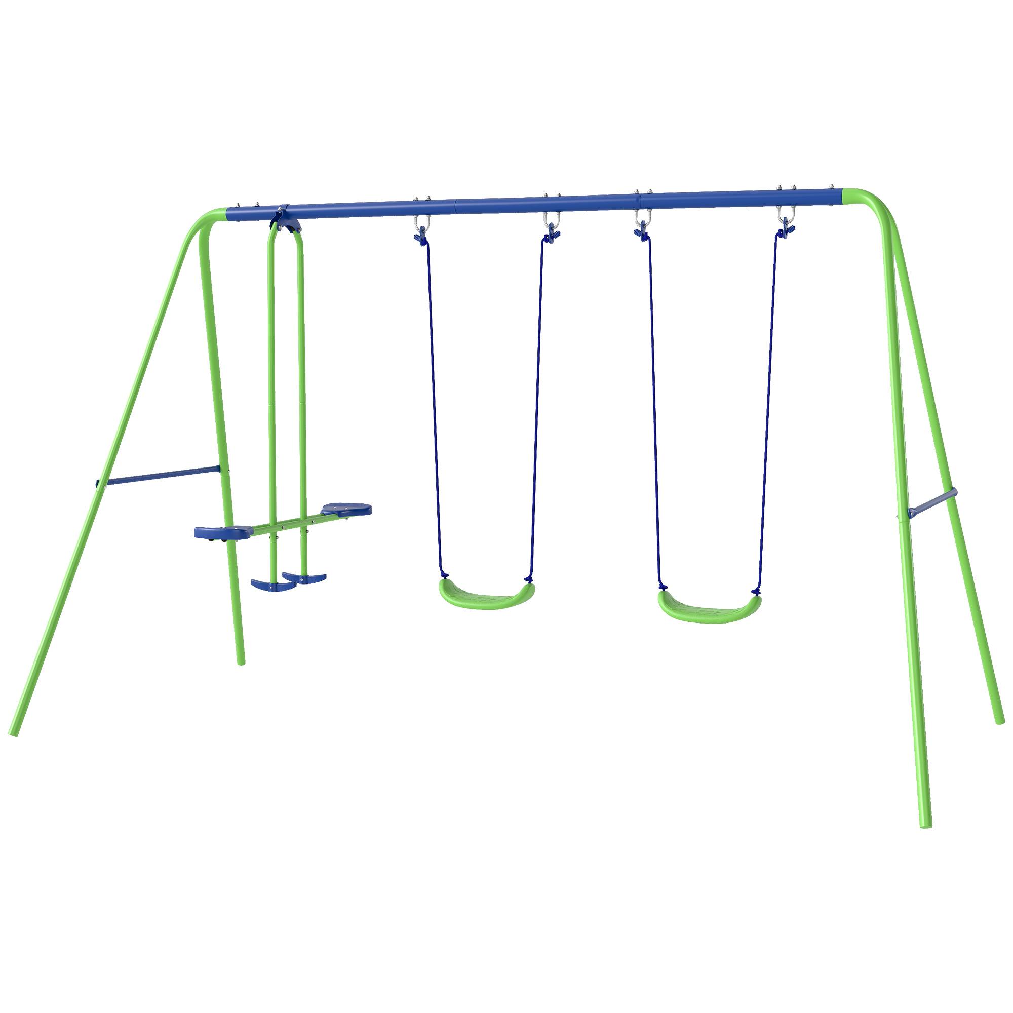 Balançoire Portique Enfant 3 en 1 avec Siège Face à Face et 2 Balancelles, Hauteur Réglable, 180 kg, Vert - Image 2