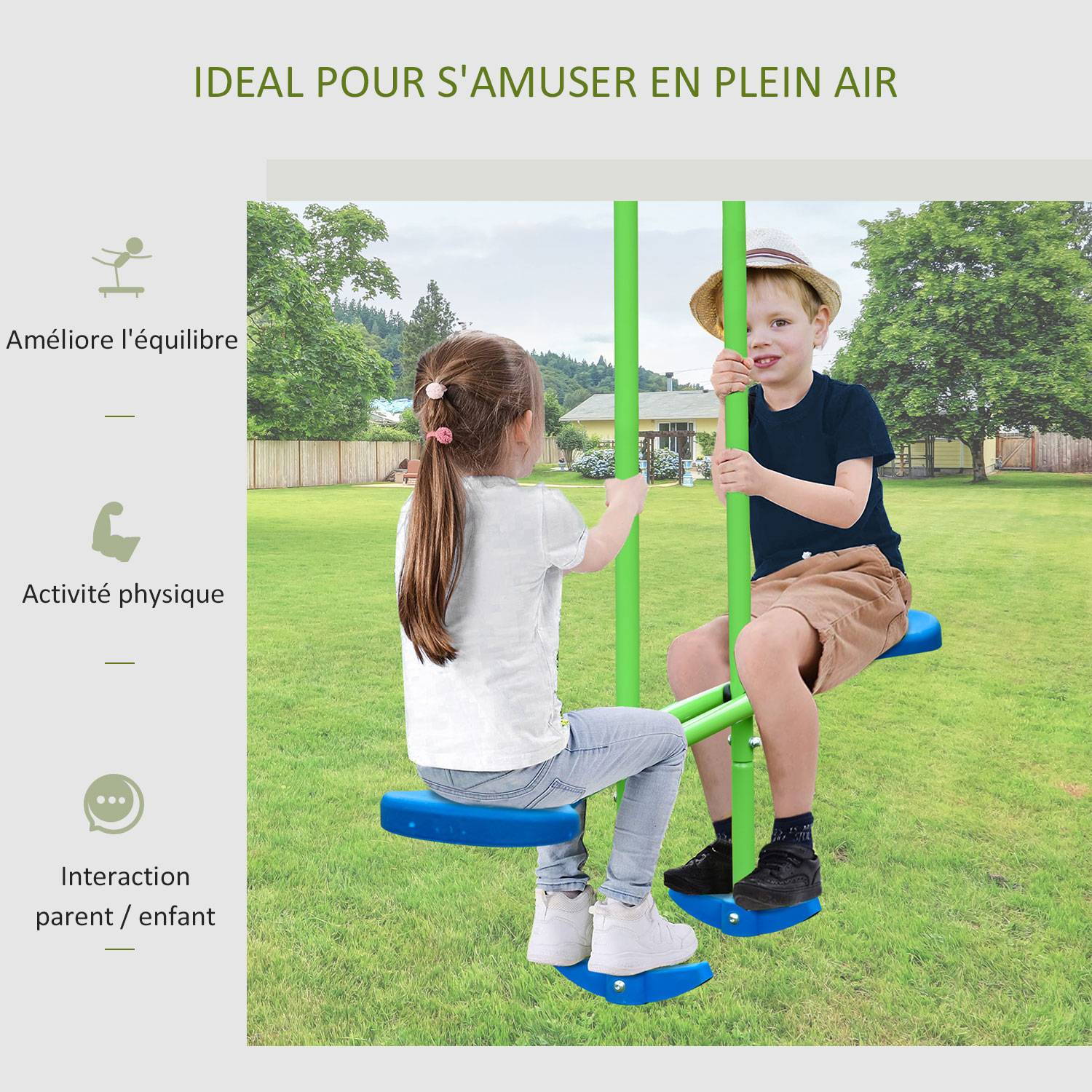 Balançoire Portique Enfant 3 en 1 avec Siège Face à Face et 2 Balancelles, Hauteur Réglable, 180 kg, Vert - Image 6