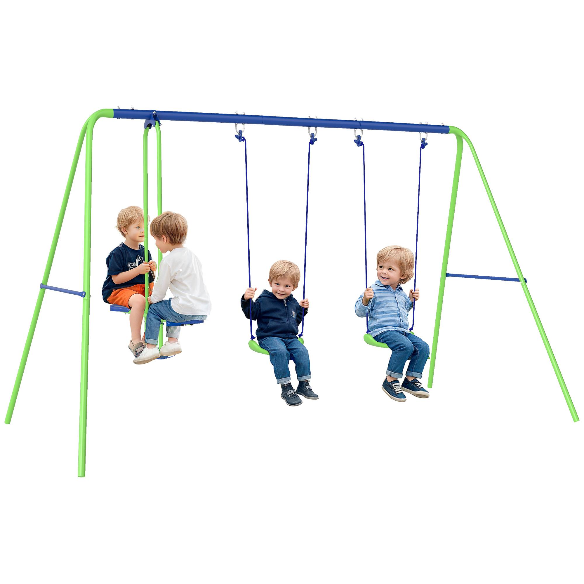 Balançoire Portique Enfant 3 en 1 avec Siège Face à Face et 2 Balancelles, Hauteur Réglable, 180 kg, Vert - Image 1