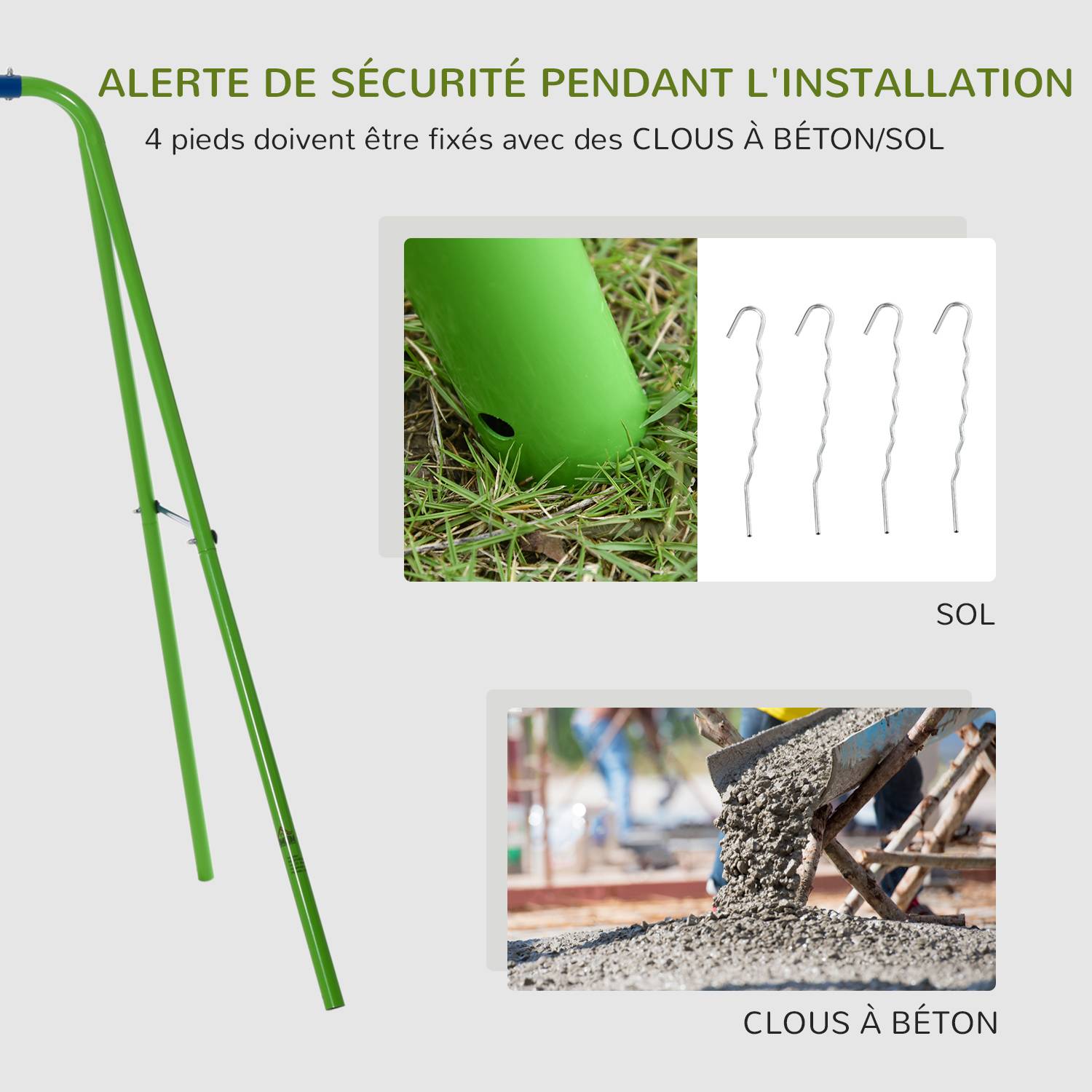 Balançoire Portique Enfant 3 en 1 avec Siège Face à Face et 2 Balancelles, Hauteur Réglable, 180 kg, Vert - Image 10