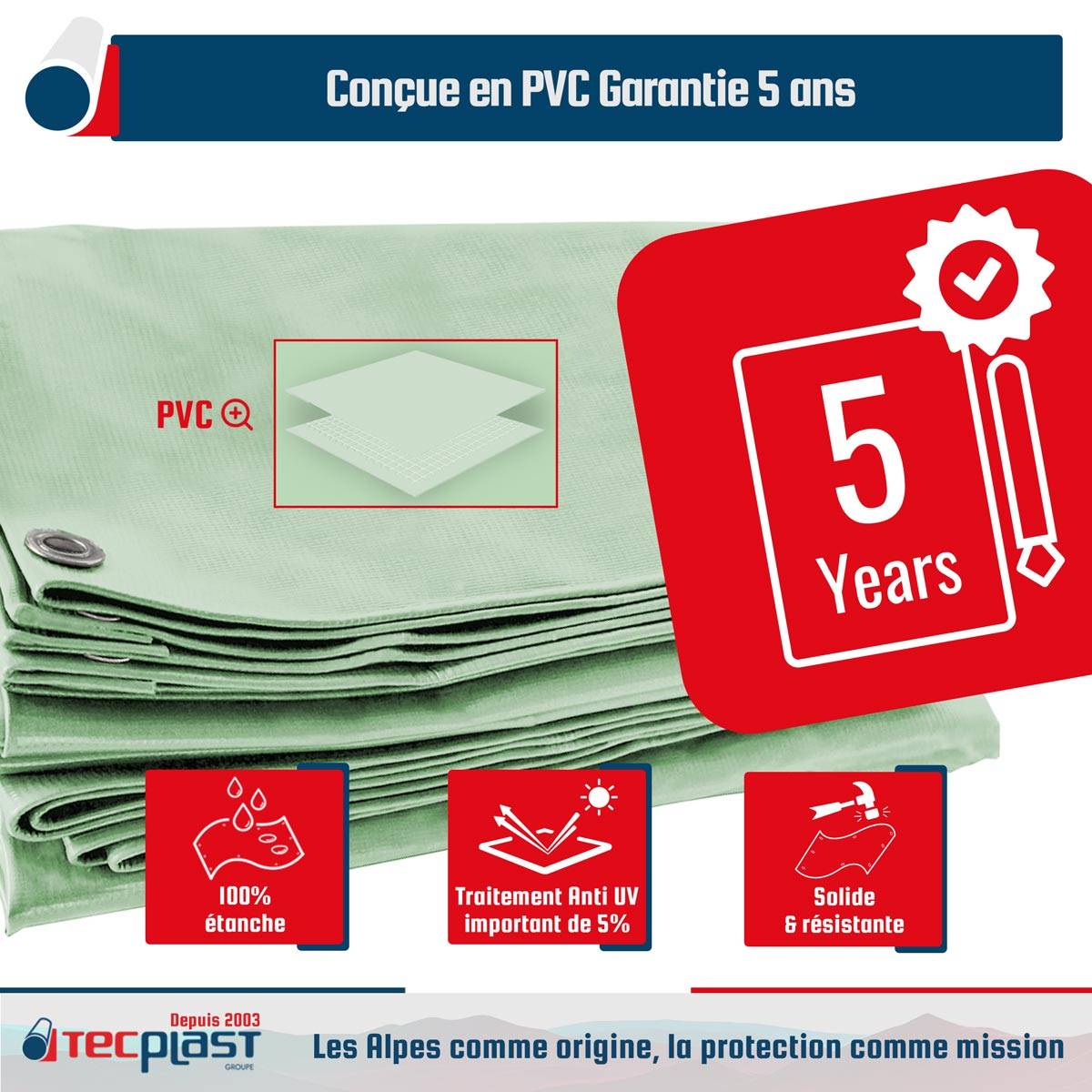 Bâche Bois 3x3 m LP506BO Vert Sauge - Garantie 5 ans - Bâche de protection étanche en PVC pour Bois de chauffage TECPLAST - Image 3